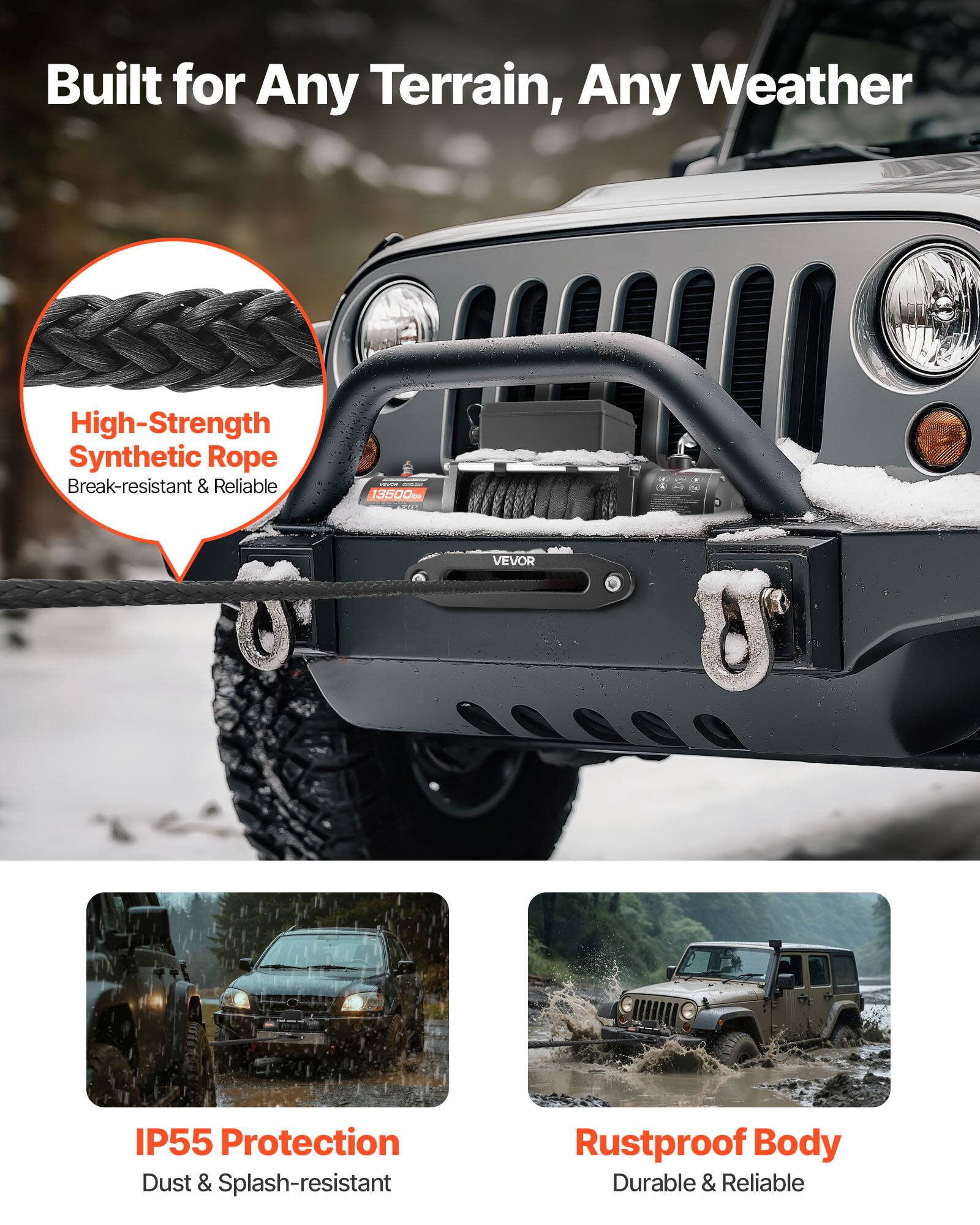 Built for Any Terrain, Any Weather

High-Strength Synthetic Rope
Break-resistant & Reliable

IP55 Protection
Dust & Splash-resistant

Rustproof Body
Durable & Reliable
