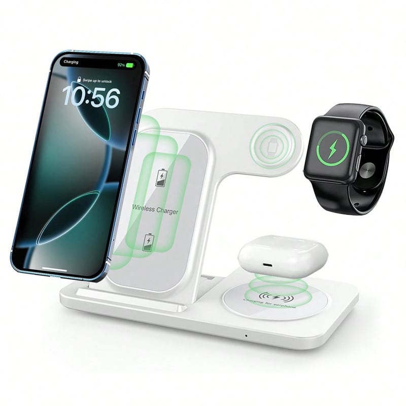 SKRAN - Wireless Charger Station - Foldable 3 in 1 Fast Charging Stand, Compatible with iPhone, Multi-Device Charging Station - White