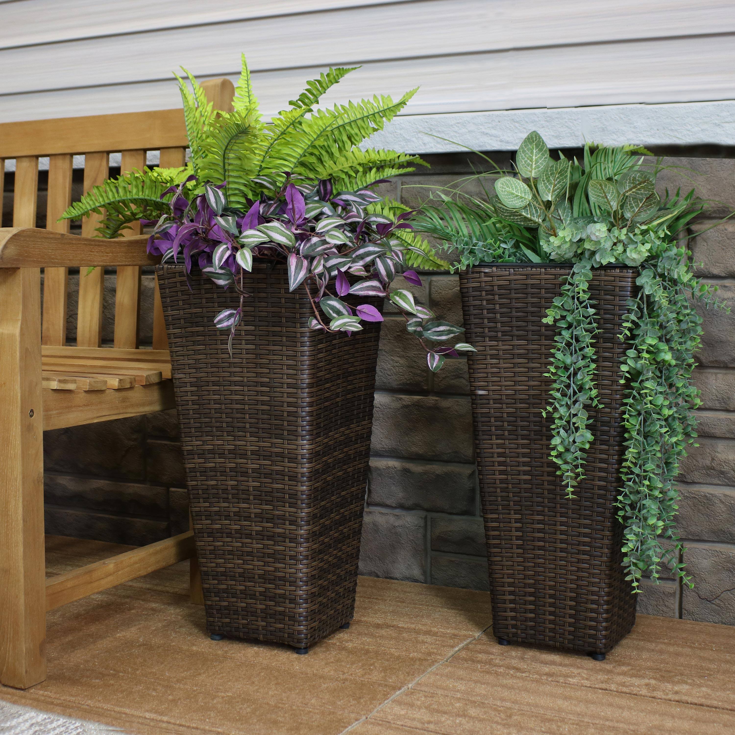 Alt View 1. Sunnydaze - 24 in Polyrattan Tall Square Planter - Set of 8 - Brown.