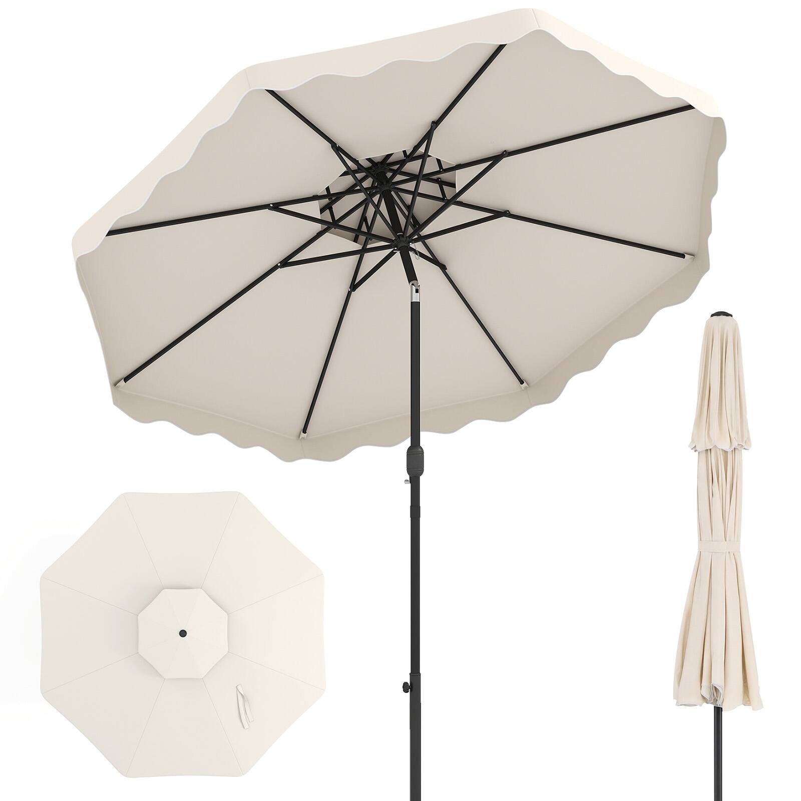 Front. Gymax - Gymax 9 FT Patio Umbrella w/Push Button Tilt & Crank 2-Tier Vented Top 8 Metal Ribs Beige - Beige.