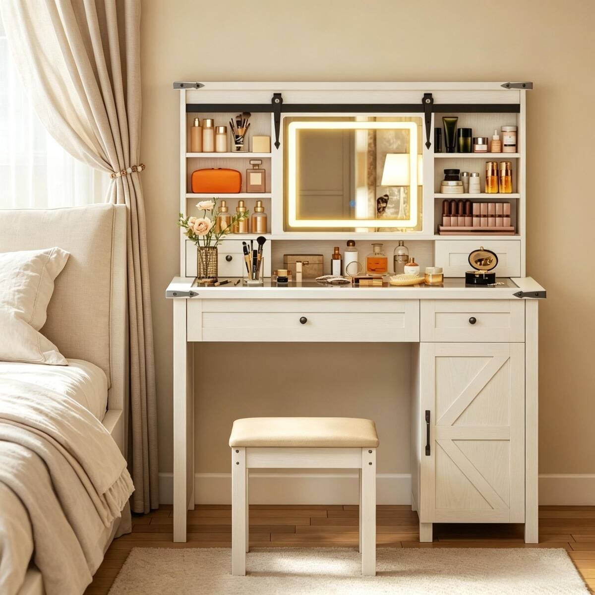 Alt View 3. Loheer - Loheer Makeup Vanity with LED Mirror and Cushioned Stool, White Storage Desk - White.
