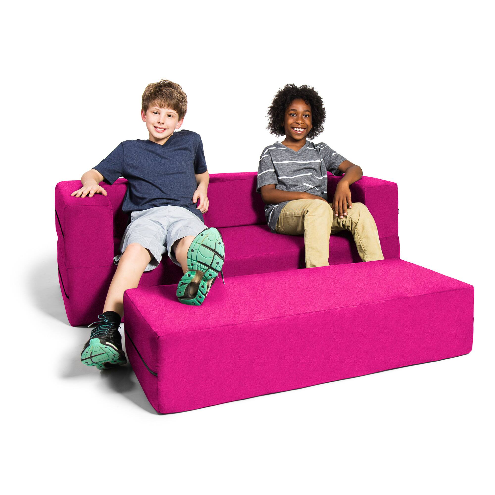 Left. Jaxx - Jaxx Zipline Kids Sofa & Large Ottoman, 3 in 1 Fold Out Sofa, Big Kids Edition, Fuchsia - Fuchsia.
