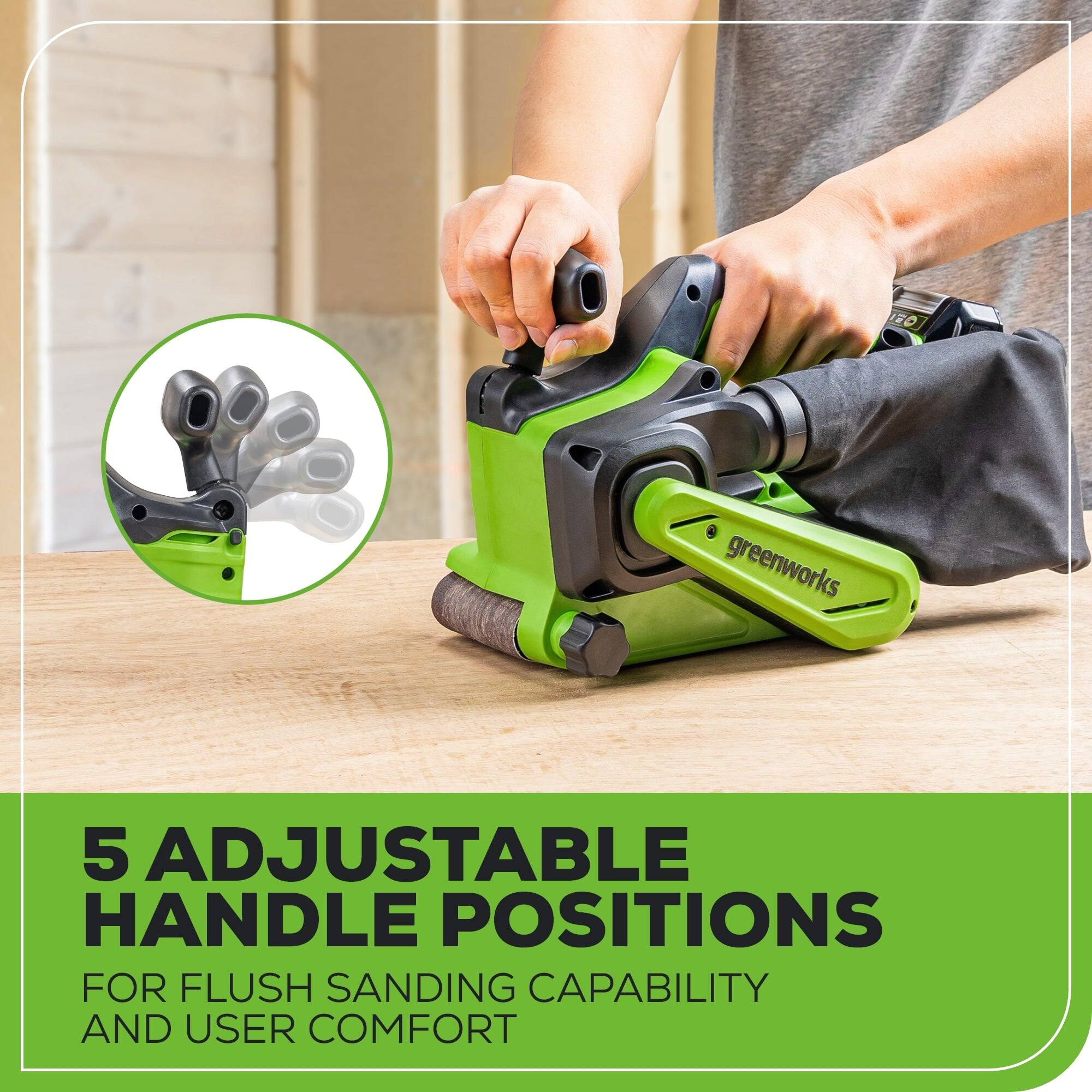 130) Greenworks 5 Adjustable Handle Positions for Flush Sanding Capability and User Comfort