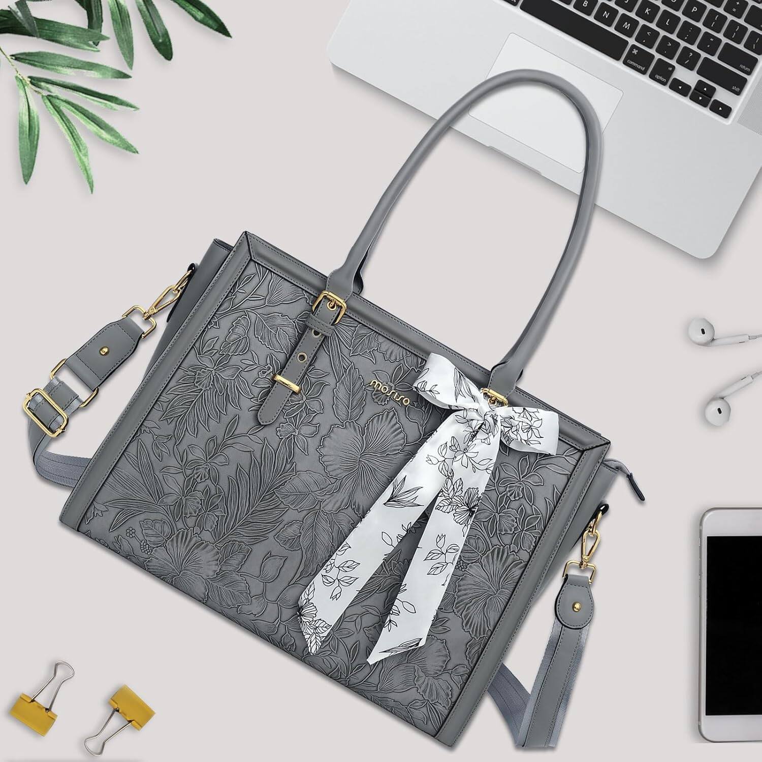 Alt View 3. mosiso - Laptop Bag for Women 15-15.6 inch PU Leather Tote Bag Work Briefcase Computer Bags - Gray.
