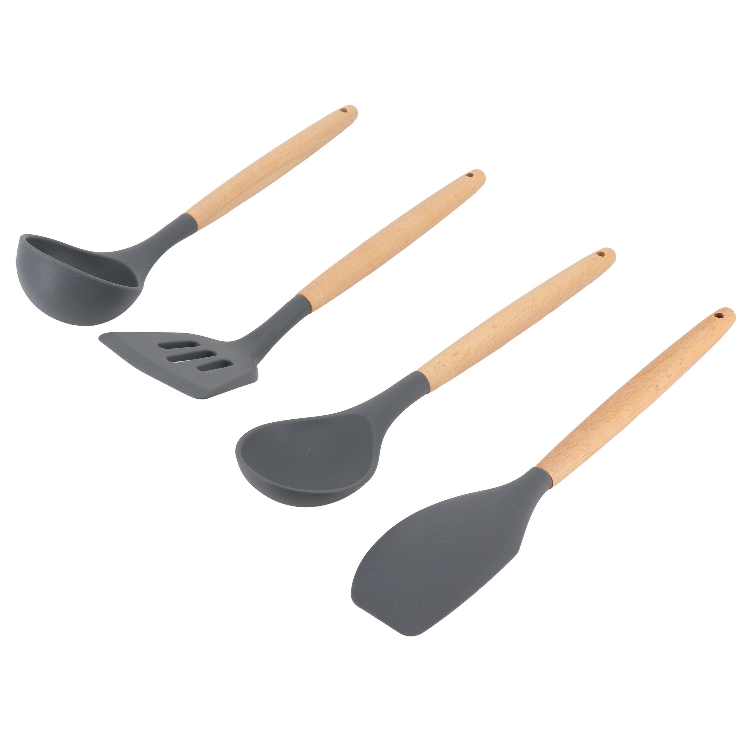 Alt View 1. Gibson - Gibson Home Holton 7 Piece Silicone Beech Wood Kitchen Tool Set in Grey.