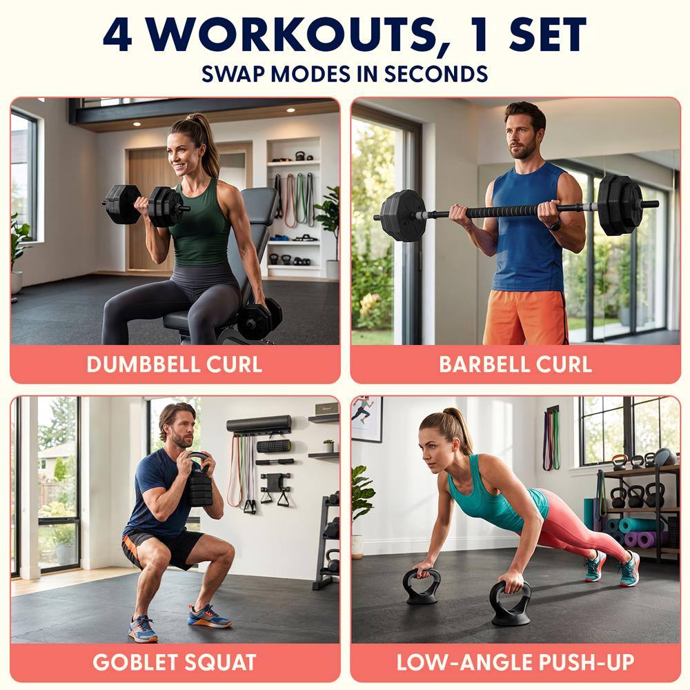 4 WORKOUTS, 1 SET  
SWAP MODES IN SECONDS

- DUMBBELL CURL
- BARBELL CURL
- GOBLET SQUAT
- LOW-ANGLE PUSH-UP