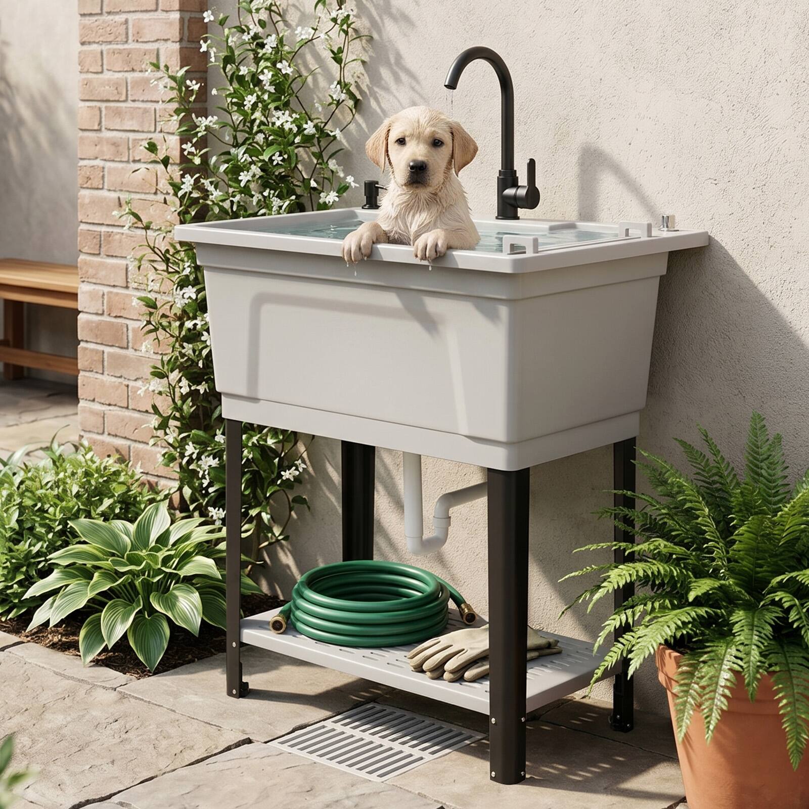Alt View 4. Winado - Freestanding Utility Sink with Stainless Steel Faucet, Soap Dispenser, Towel Holder, Storage Shelf, Phone Stand for Home - Grey.