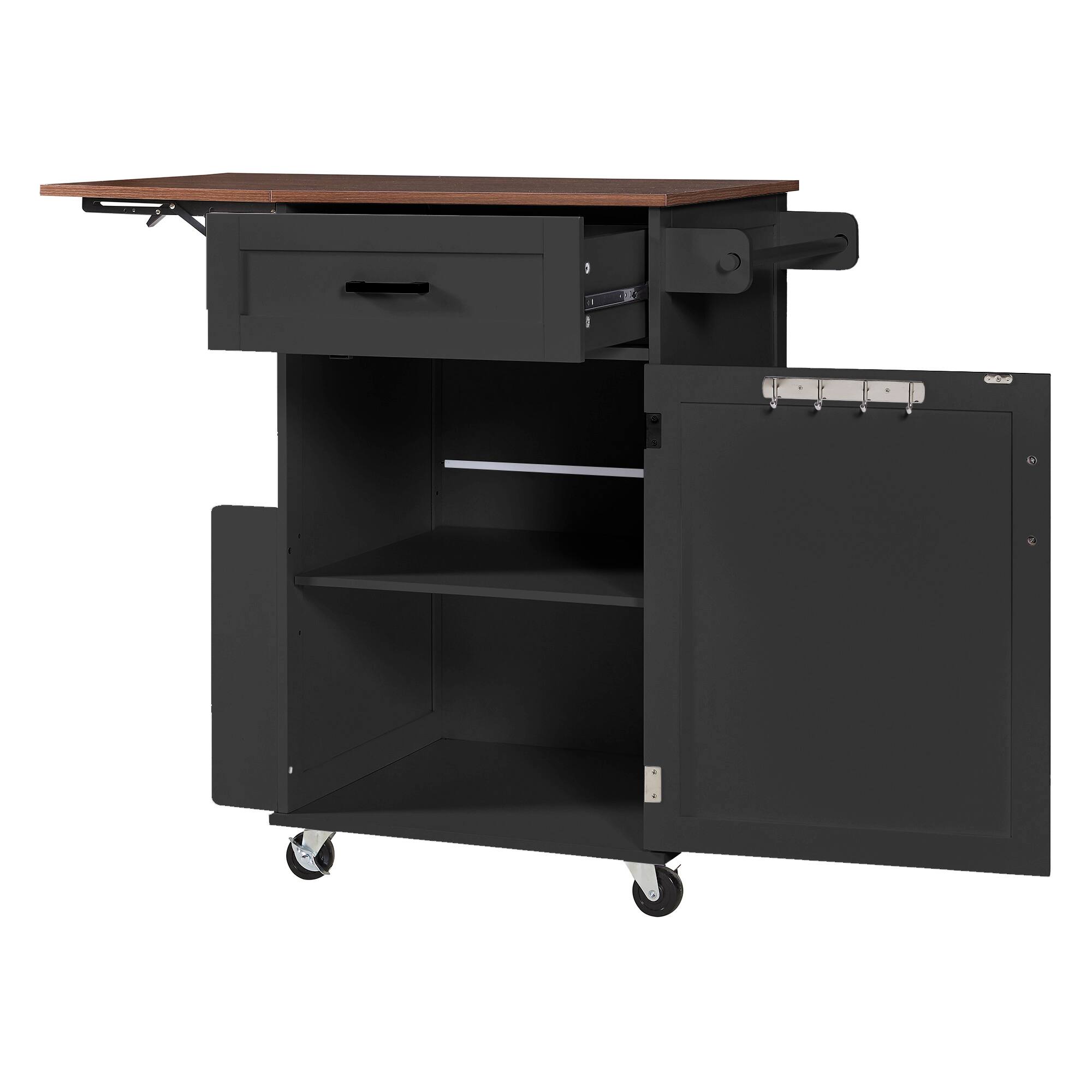 Alt View 6. Forest'nSky - 39.3" Farmhouse Kitchen Island with Drop Leaf – Rolling Cart with Towel Rack & Lockable Wheels, Black - Black.