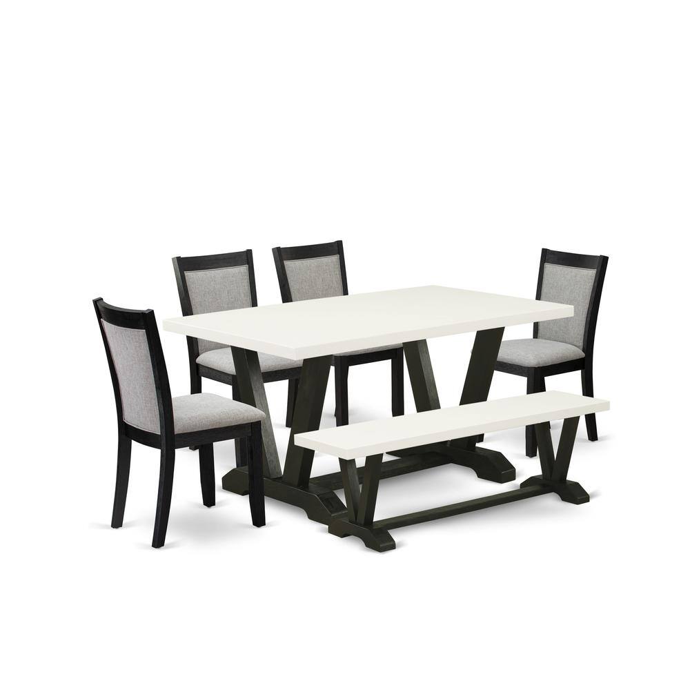 Alt View 4. East West Furniture - V626MZ606-6 6 Pc Dinette Set - Linen White Dining Table with a Small Wood Bench and 4 Shitake Chairs - Wire Brushed - Multi-Color.
