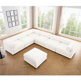 Anysun - 6-Seat Chenille Modular Sectional Sofa with Storage - Cylindrical Backrest & Armrests for Living Room - White