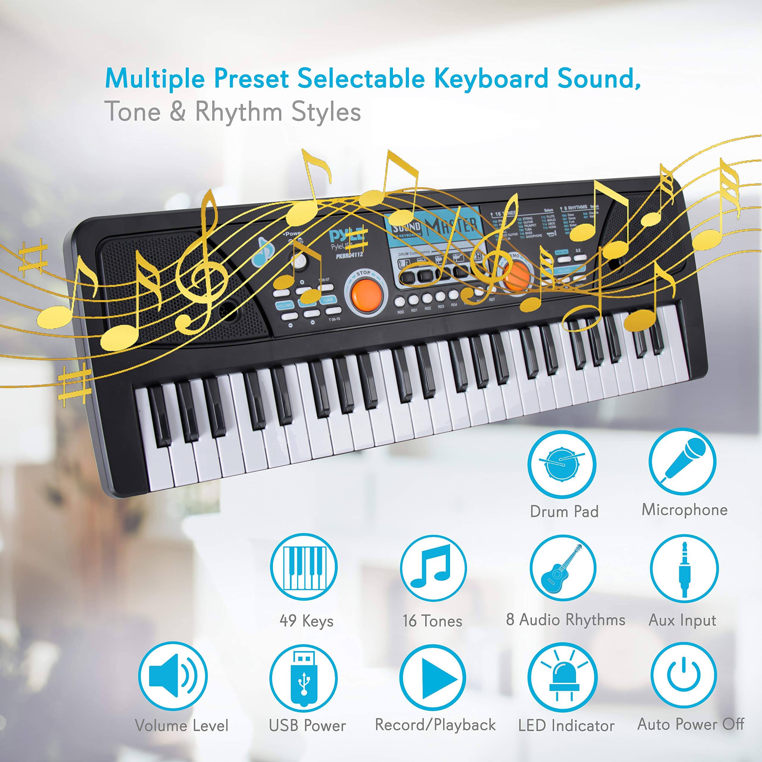 Multiple Preset Selectable Keyboard Sound, Tone & Rhythm Styles

- 49 Keys
- 16 Tones
- 8 Audio Rhythms
- Drum Pad
- Microphone
- Aux Input
- Volume Level
- USB Power
- Record/Playback
- LED Indicator
- Auto Power Off