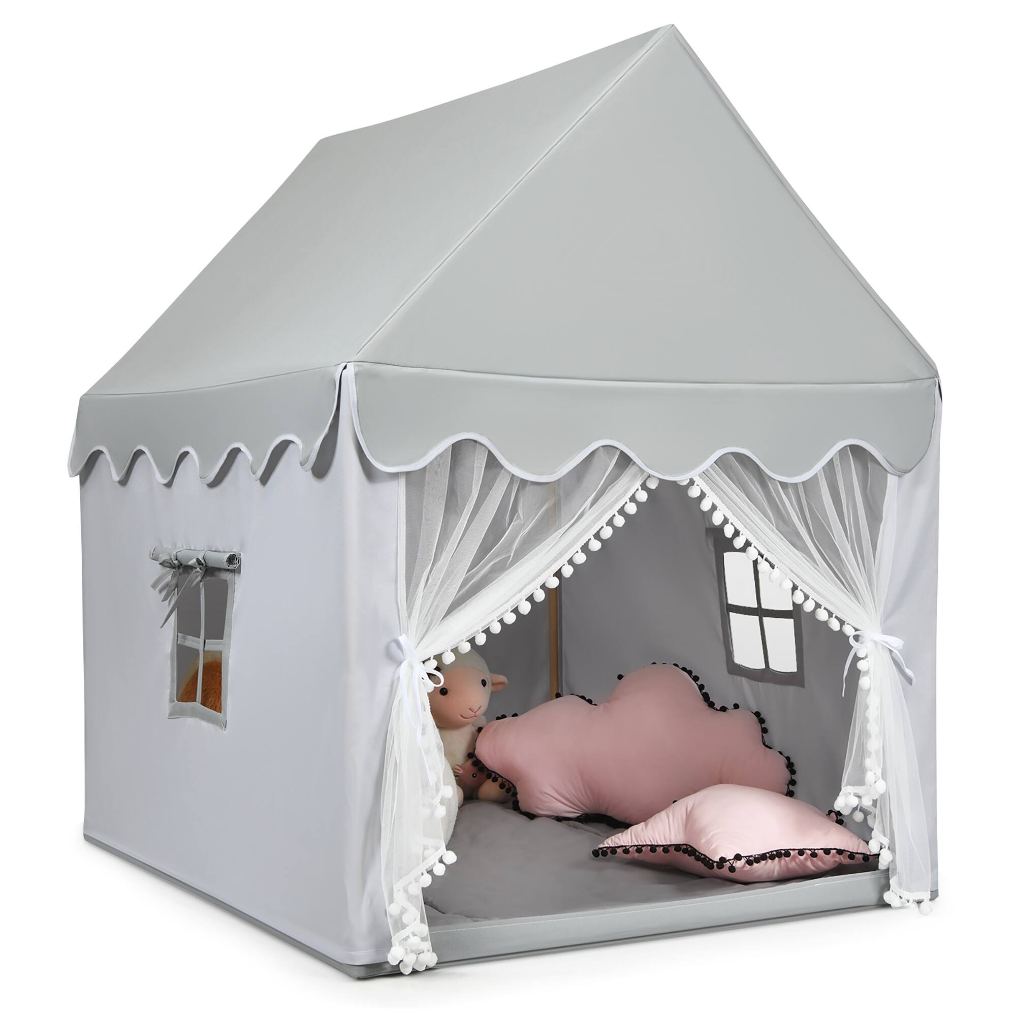 Costway - Kids Play Tent Large Playhouse Children Play Castle Fairy Tent Gift w/ Mat - Gray