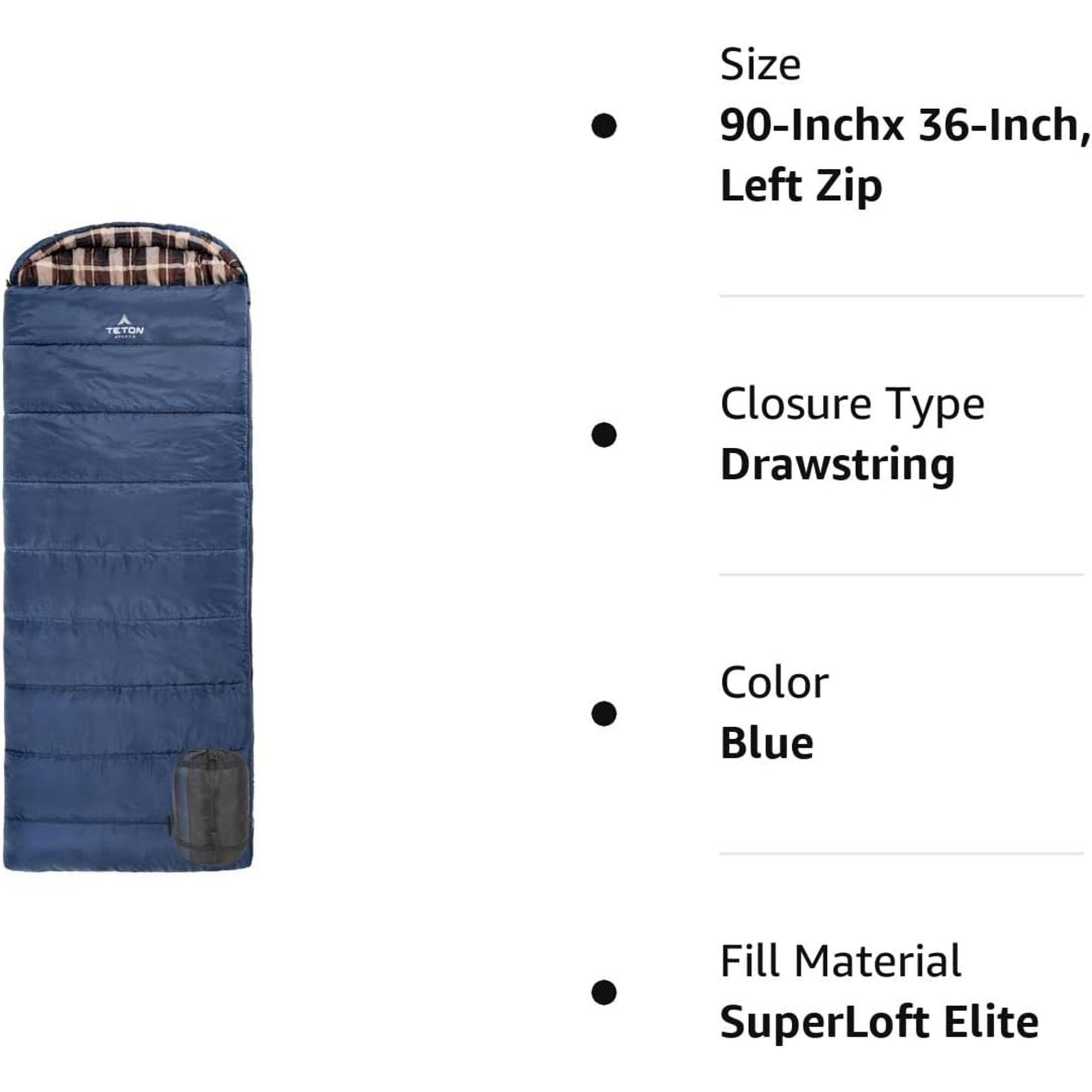 - Size: 90-Inch x 36-Inch, Left Zip
- Closure Type: Drawstring
- Color: Blue
- Fill Material: SuperLoft Elite
