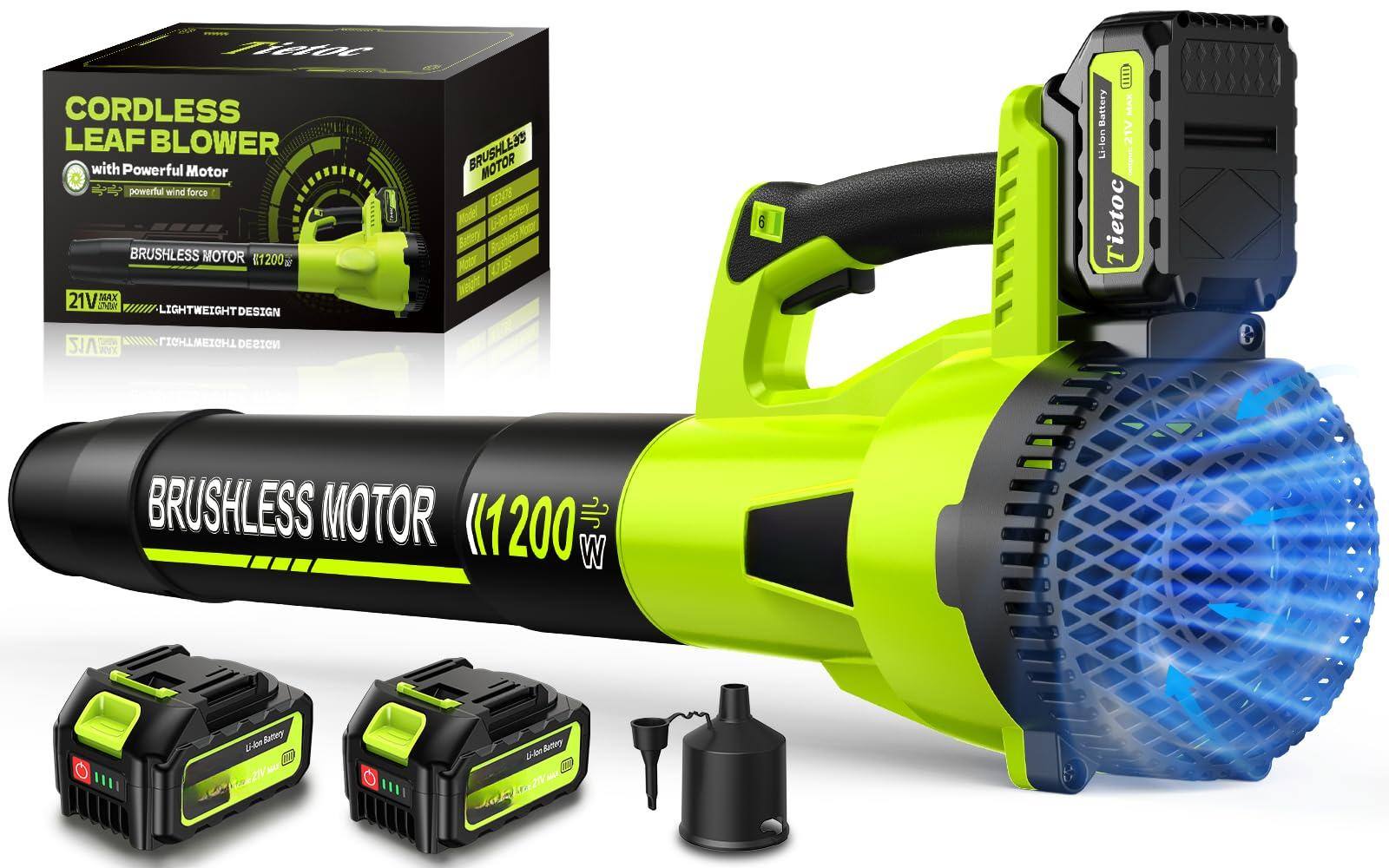 Sure, here is the corrected and grouped text from the image:
---
**Trietoc CORDLESS LEAF BLOWER**
- **with Powerful Motor**
- **powerful wind force**
- **BRUSHLESS MOTOR**
- **1200 W**
- **21V MAX**
- **LIGHTWEIGHT DESIGN**
- **Li-lon Battery**
- **Li-lon Battery 21V 4.0Ah**
---
**Features:**
- **BRUSHLESS MOTOR**
- **1200 W**
- **21V MAX**
- **LIGHTWEIGHT DESIGN**
---
**Battery:**
- **Li-lon Battery 21V 4.0Ah**
---
**Additional:**
- **Trietoc** (Brand Name)
- **6** (Possibly a model or part number)
---