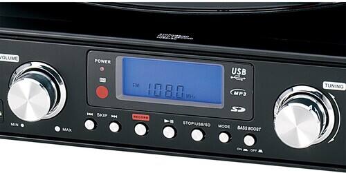 Sure, here is the corrected and grouped text from the image:

- VOLUME
  - MIN
  - MAX

- POWER

- FM 108.0 MHz

- USB
  - MP3

- TUNING

- MODE
  - BASS BOOST
    - ON
    - OFF

- STOP/USB/SD

- RECOND

- SKIP

- USB

- FM

- MP3

- S>