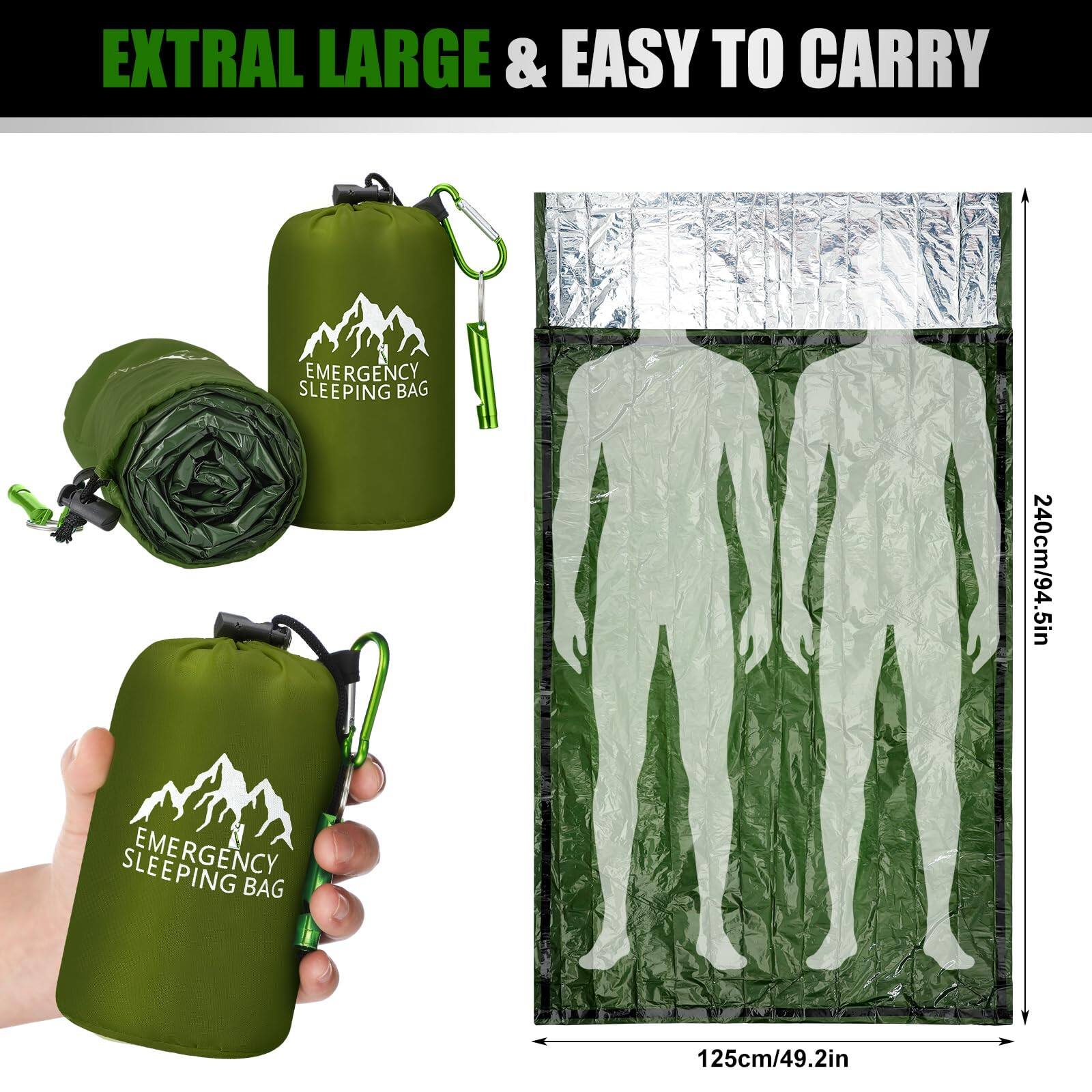 EXTRAL LARGE & EASY TO CARRY

EMERGENCY SLEEPING BAG

240cm/94.5in

125cm/49.2in