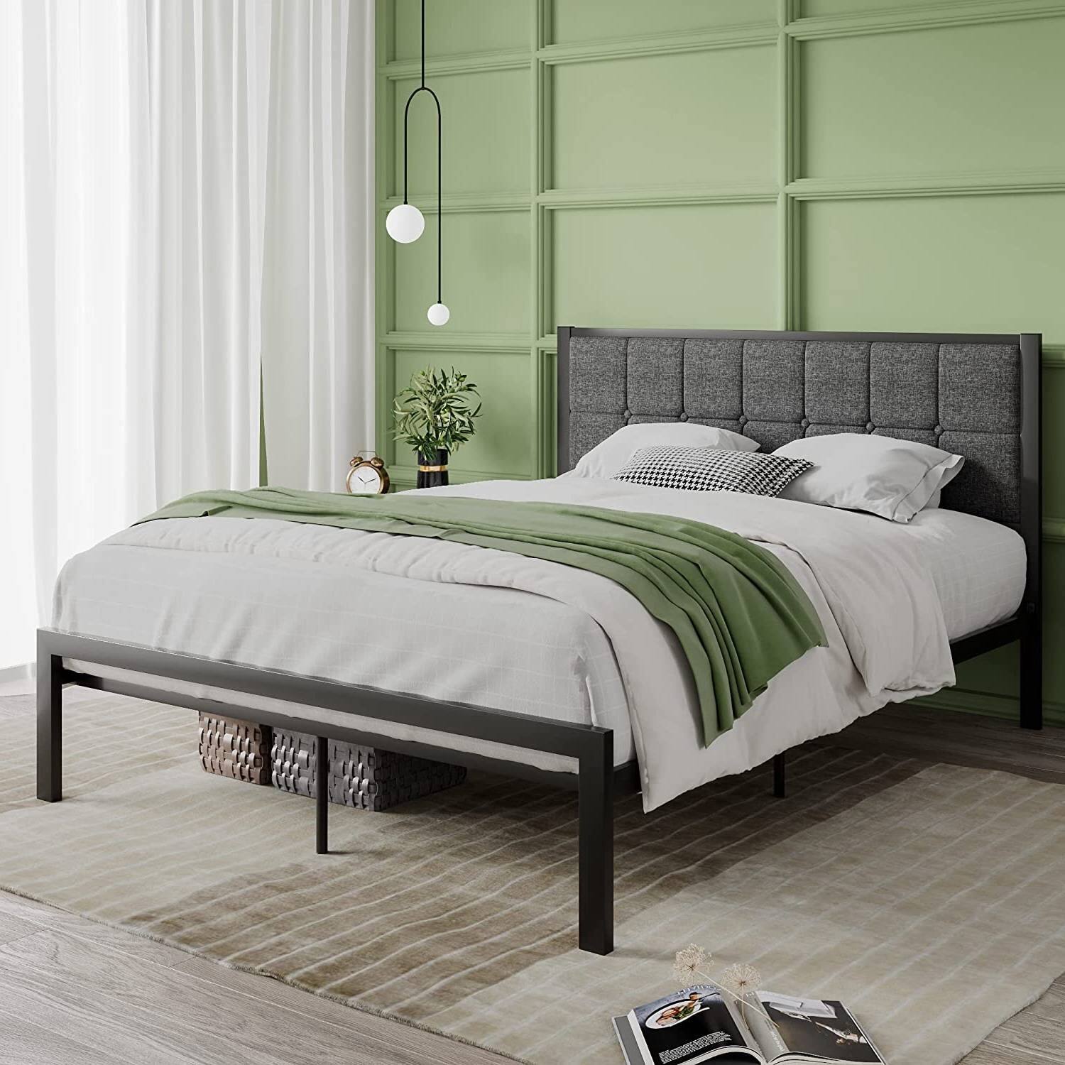 Back. Hivvago - Hivvago Full Metal Platform Bed Frame with Button Tufted Upholstered Headboard - Dark Grey.