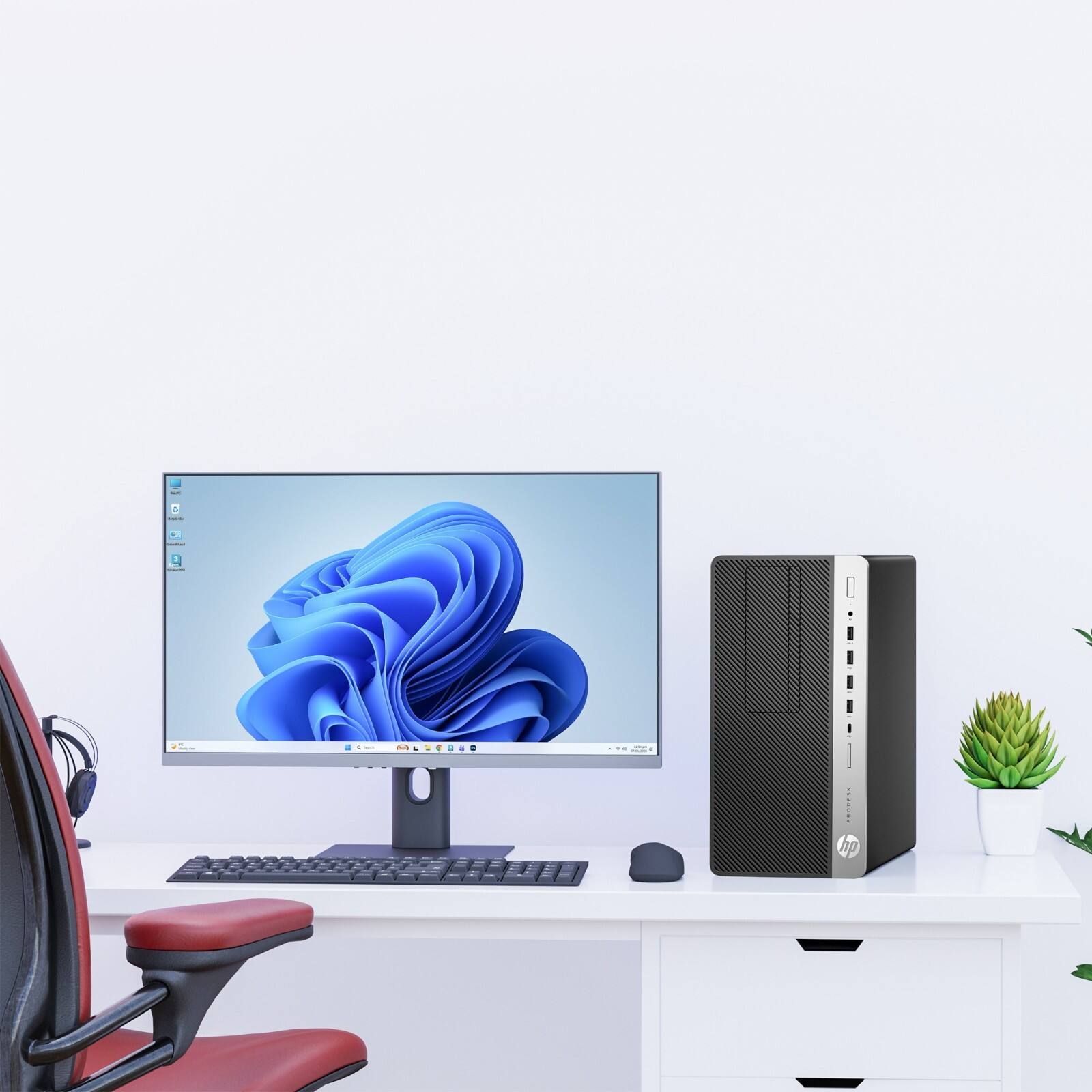 Alt View 2. HP - G4 Tower Desktop PC | Intel Core i5-8th 3.2GHz | 16GB DDR4 RAM | 128GB + 1TB HDD | 24" LED | KB & Mouse | WiFi | Win11 - Black.