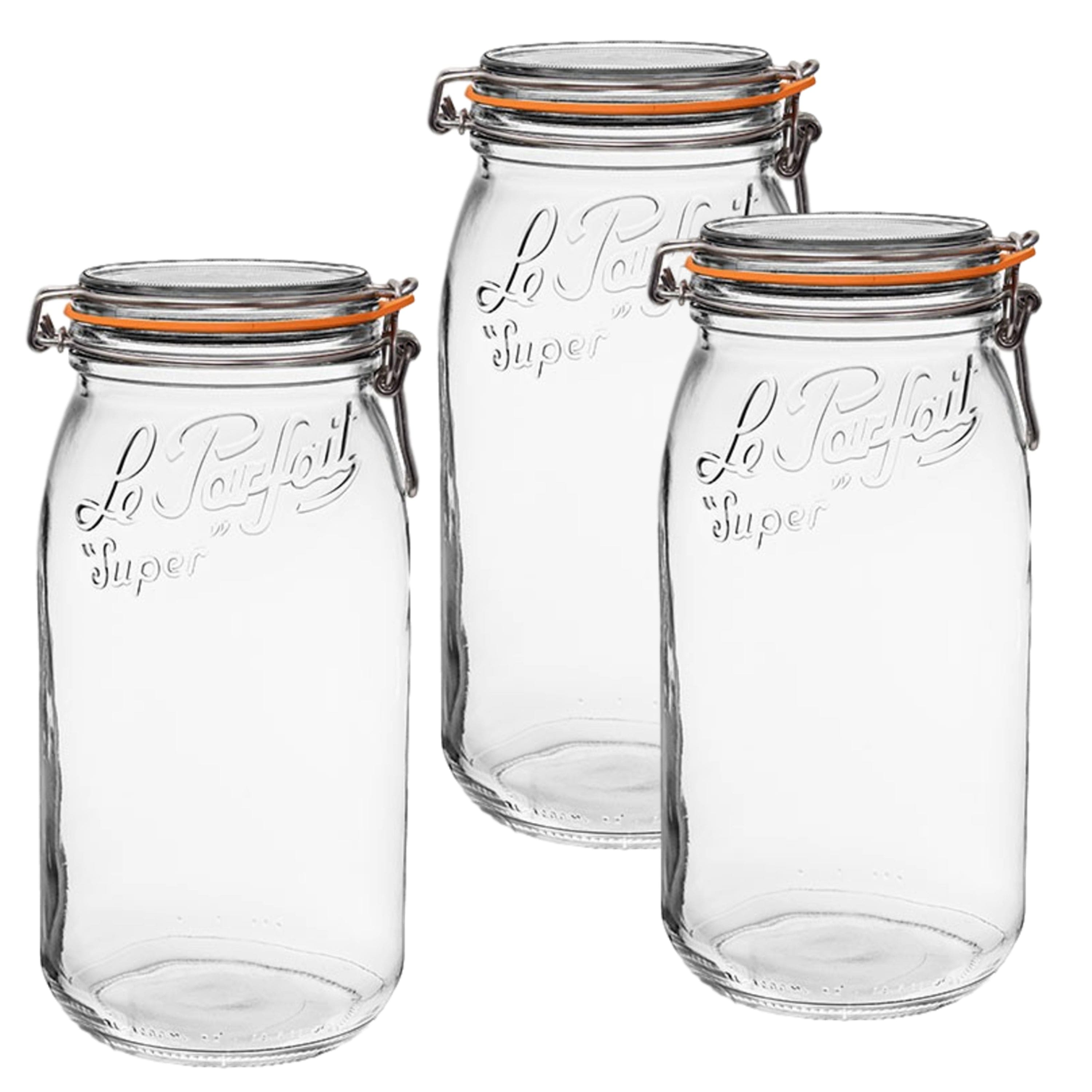 Le Parfait - Super Jar - 3L French Glass Canning Jar w/Round Body, Airtight Rubber Seal & Glass Lid, 96oz/3 Quarts (Pack of 3)