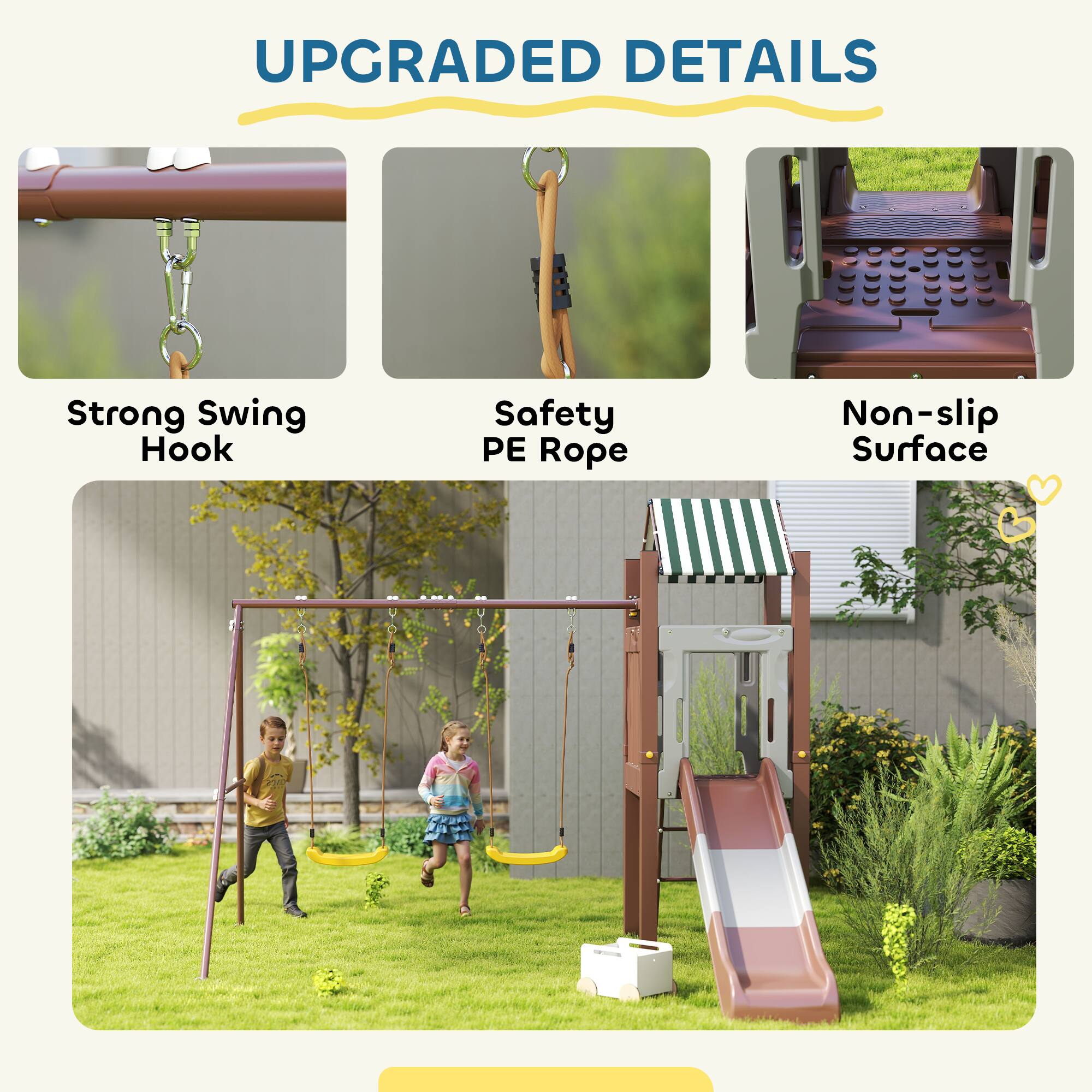 UPGRADED DETAILS

- Strong Swing Hook
- Safety PE Rope
- Non-slip Surface