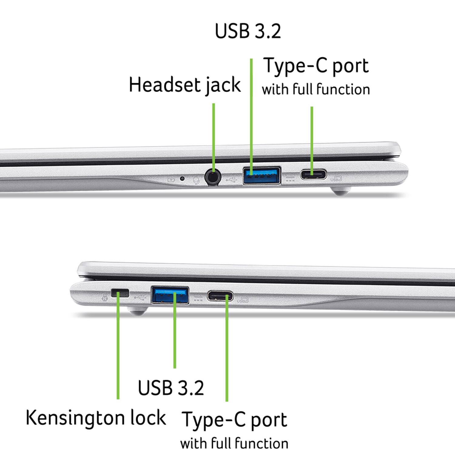 USB 3.2 Type-C port with full function  
Headset jack  
Kensington lock  
USB 3.2 Type-C port with full function