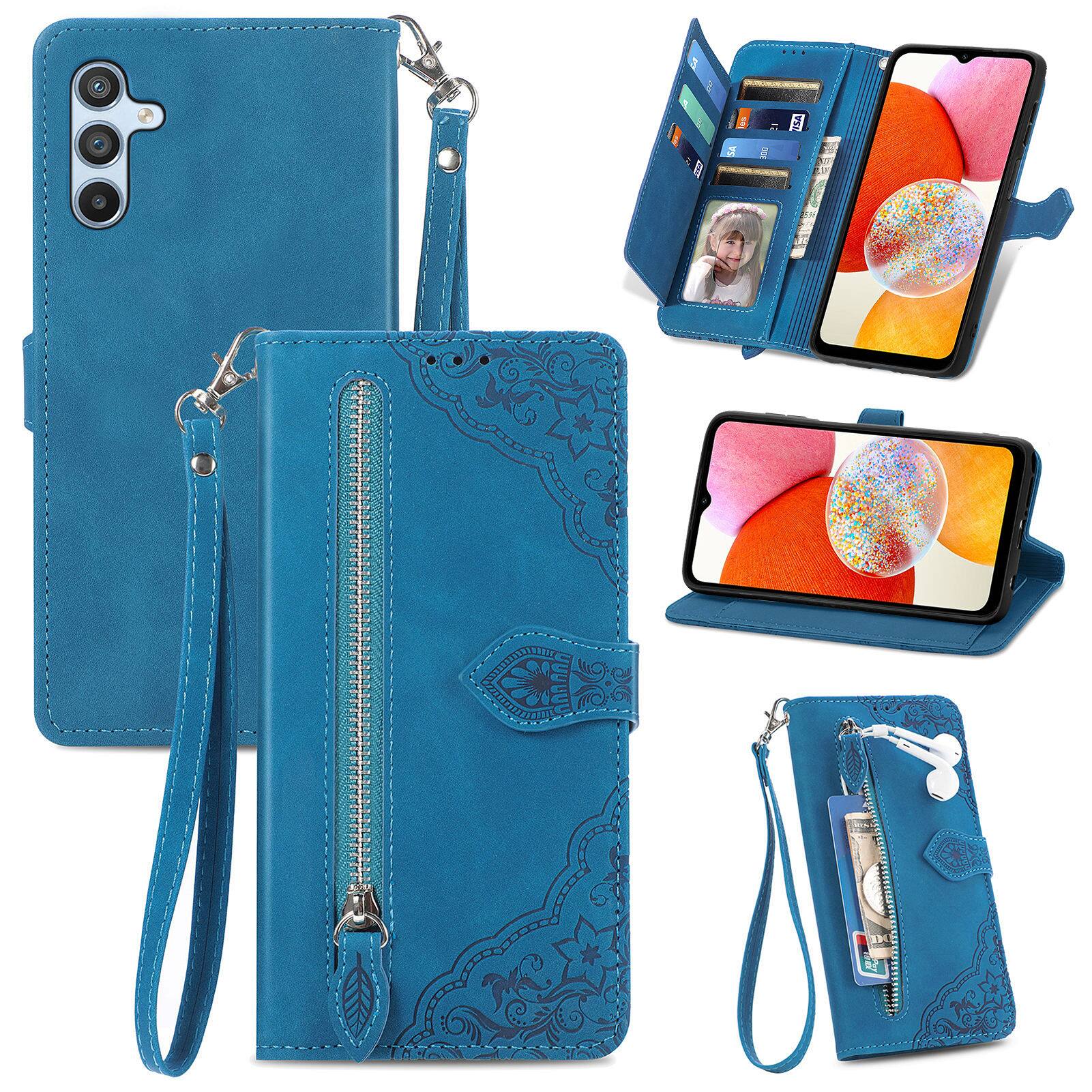 Front. Dteck - for Samsung Galaxy A14 5G Wallet Case,Folio Shockproof PU Leather Card Holder Cover with Zipper Pocket & Wrist Strap - Blue.