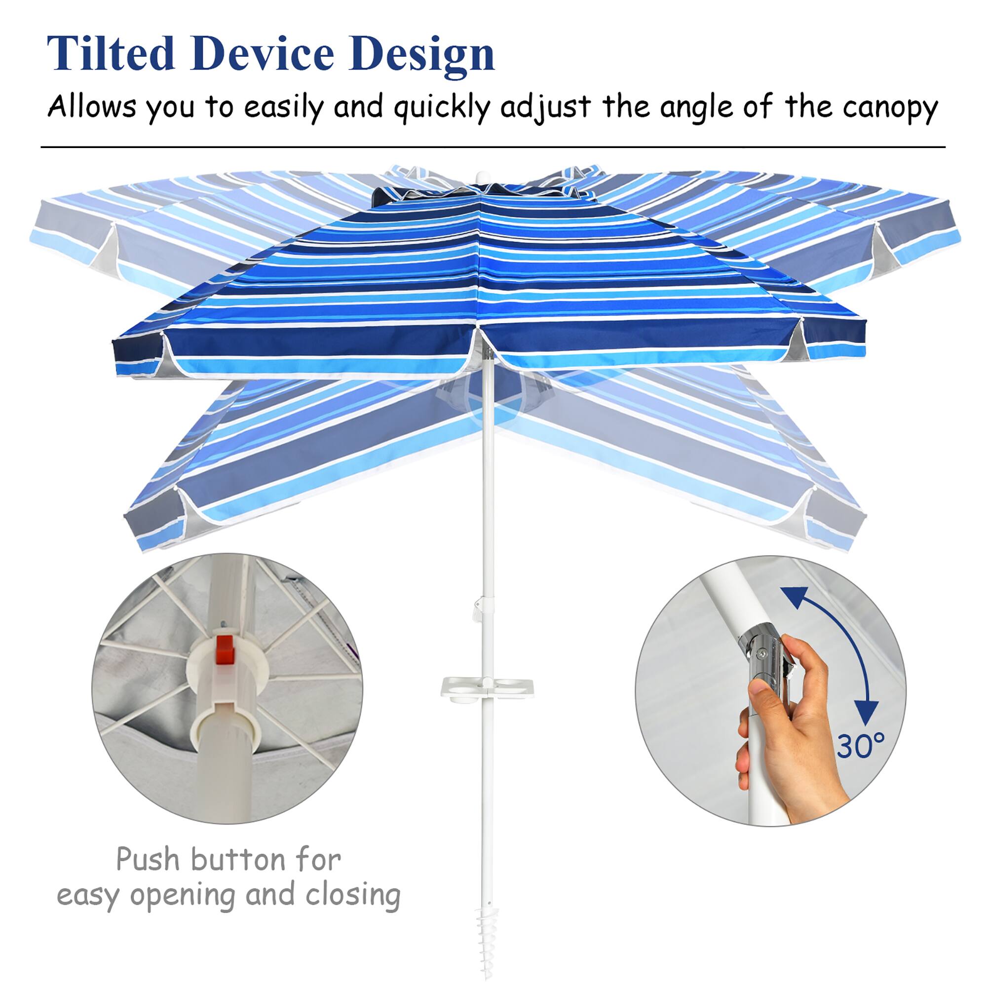 Tilted Device Design  
Allows you to easily and quickly adjust the angle of the canopy  

Push button for easy opening and closing