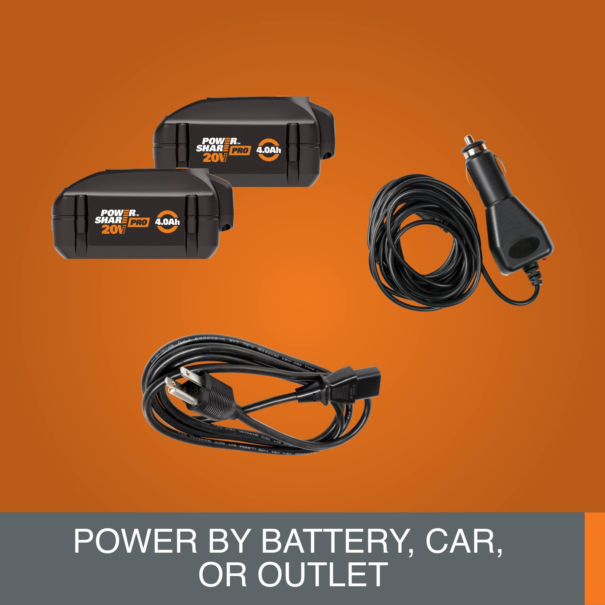 The text on the image reads "POWER BY BATTERY, CAR, OR OUTLET."