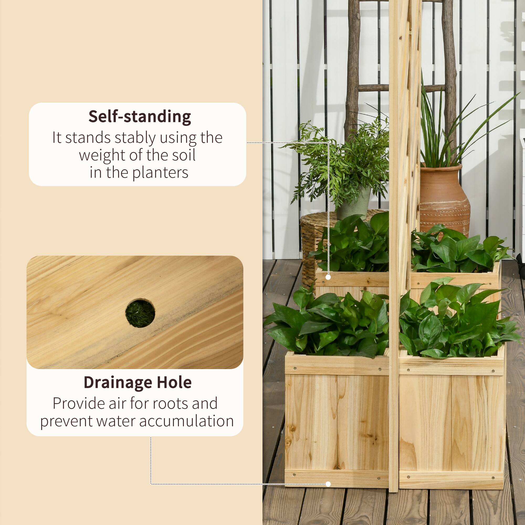 Self-standing: It stands stably using the weight of the soil in the planters

Drainage Hole: Provide air for roots and prevent water accumulation
