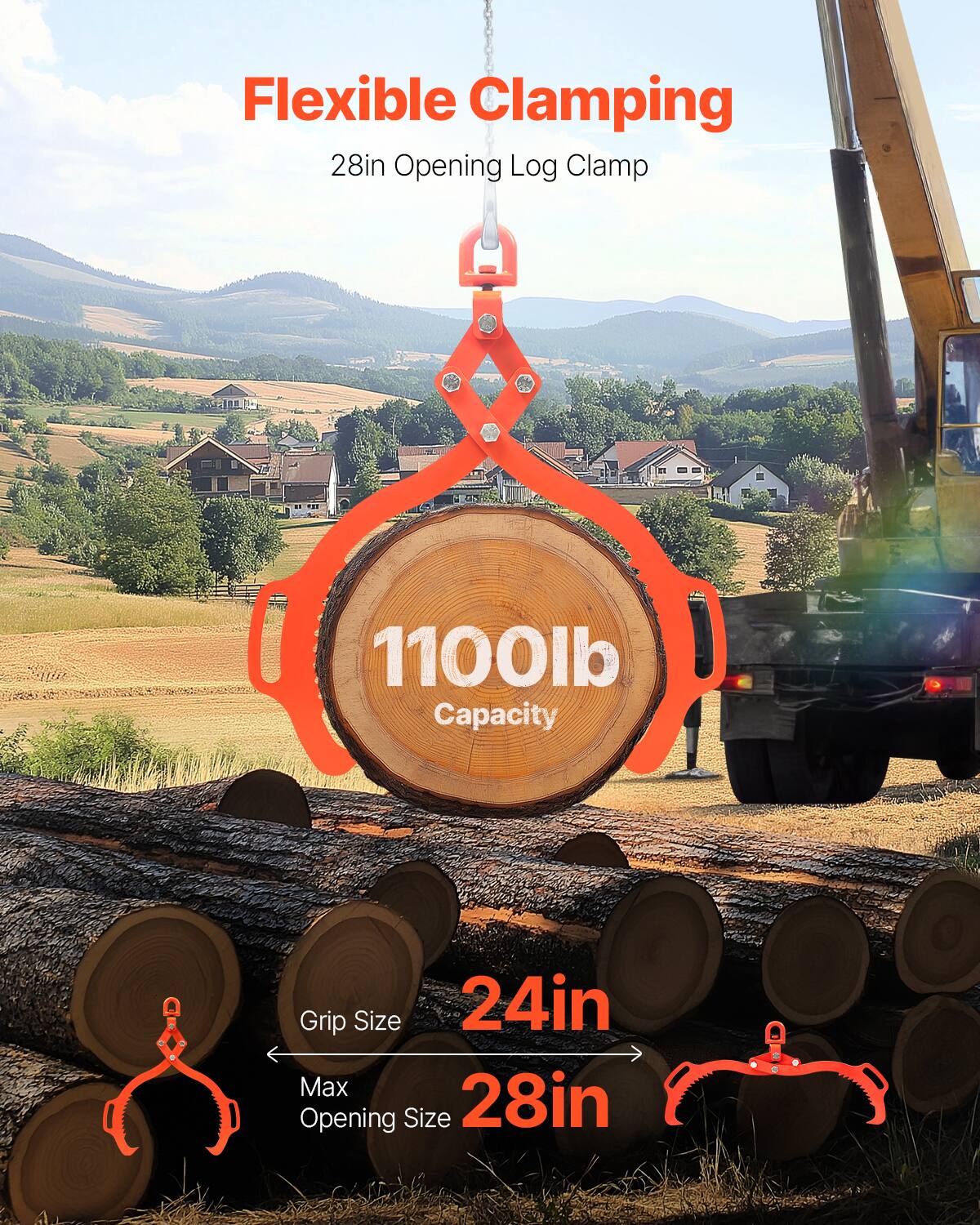 Flexible Clamping  
28in Opening Log Clamp  
1100lb Capacity  
Grip Size 24in  
Max Opening Size 28in