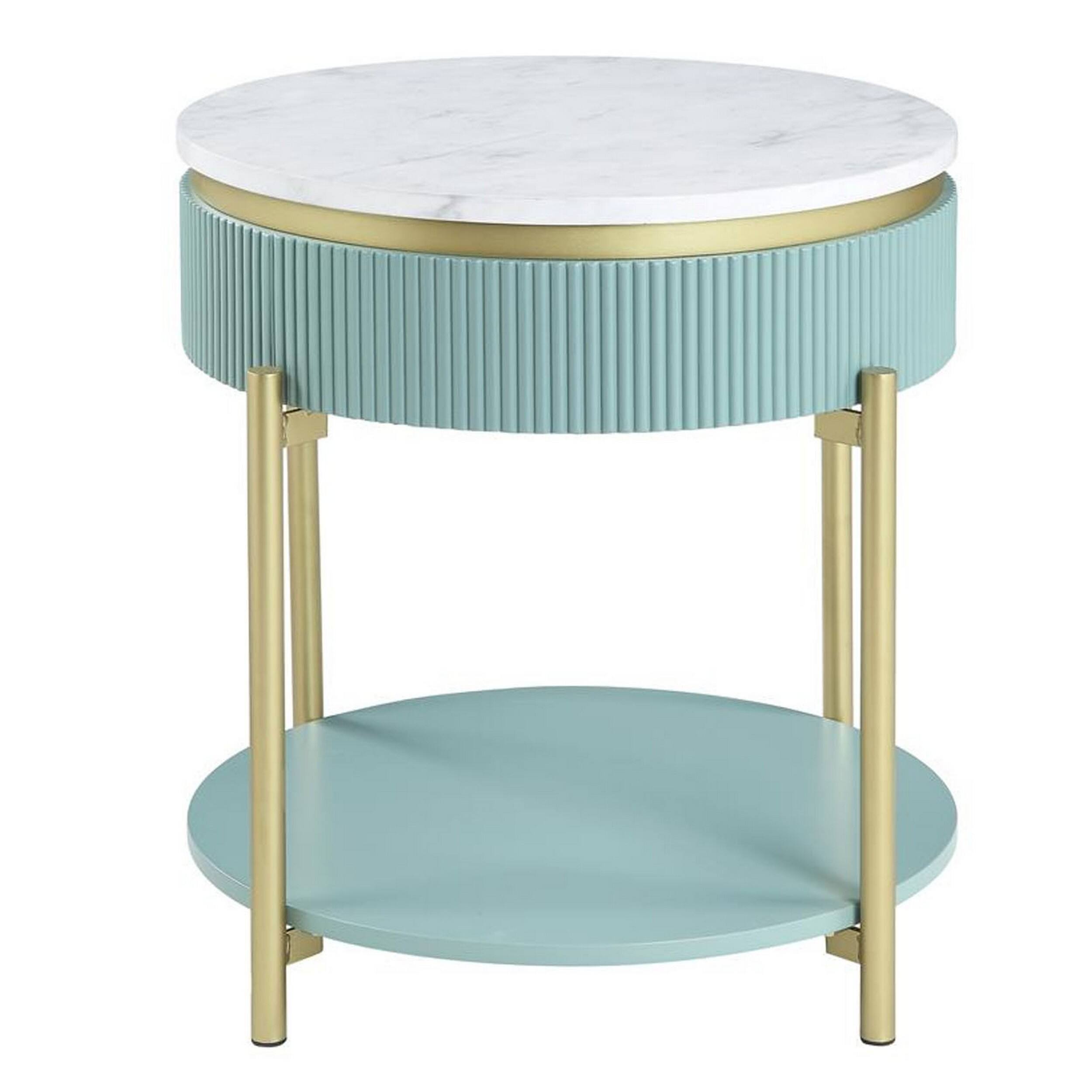 Alt View 1. Manhattan Lane - Ville 23 Inch Round Side End Table, White Faux Marble Top, Teal Reeded Edge - White, Teal, Gold.