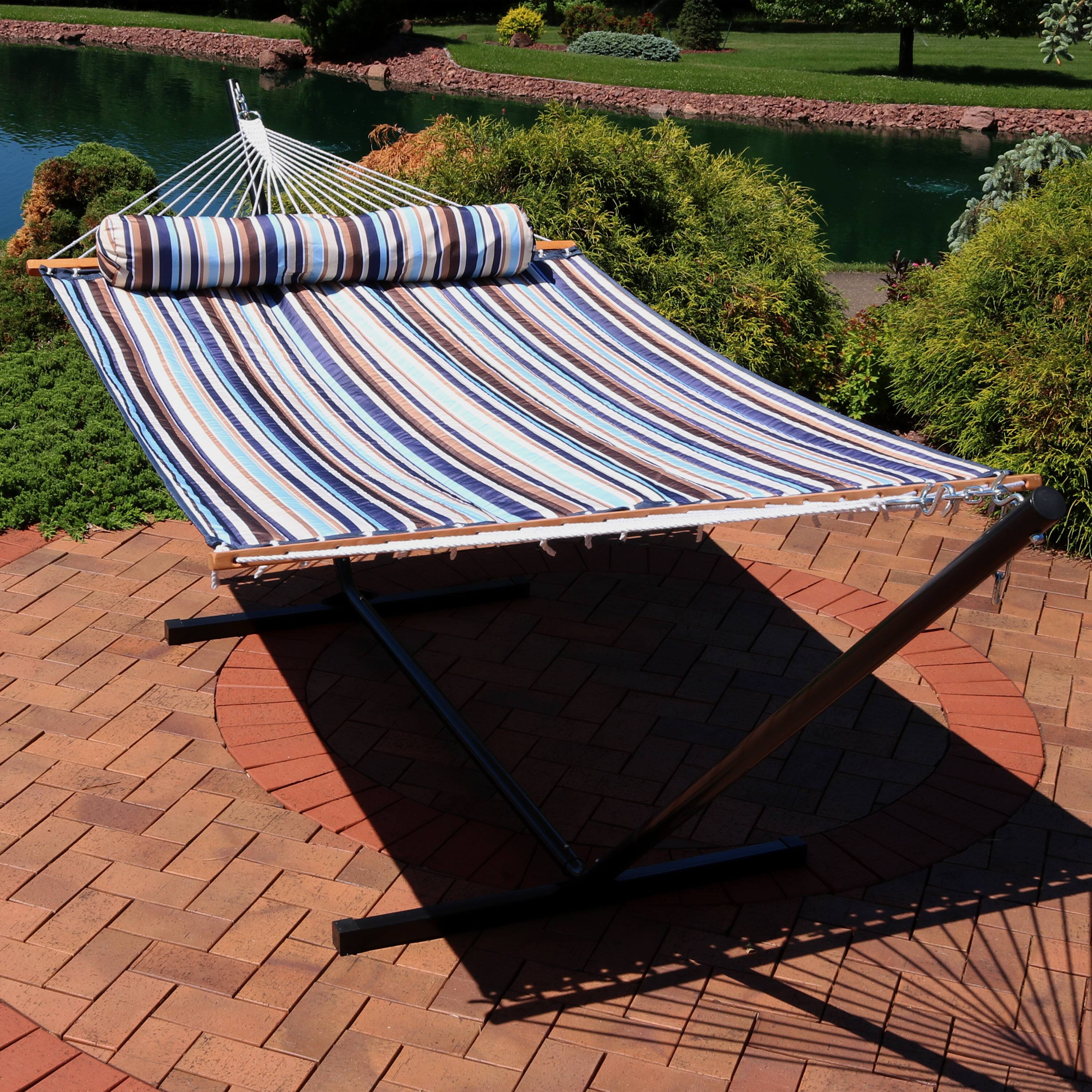 Alt View 3. Sunnydaze - Large Quilted Fabric Hammock with Steel Stand and Pillow - Ocean Isle.