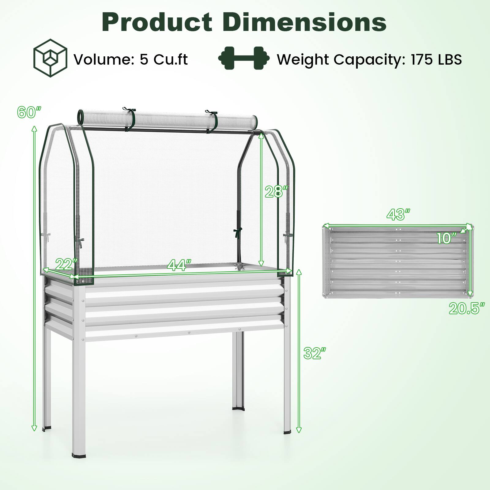 Product Dimensions  
Volume: 5 Cu.ft  
Weight Capacity: 175 LBS  

60"  
28"  
43"  
10"  
22"  
44"  
20.5"  
32"