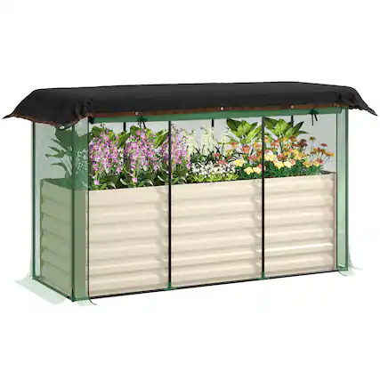 Front. Outsunny - 5.9 x 2 x 1.9 ft Galvanized Raised Garden Bed with Crop Cage Plant Protection Net and Shade Cloth Roof - Beige.