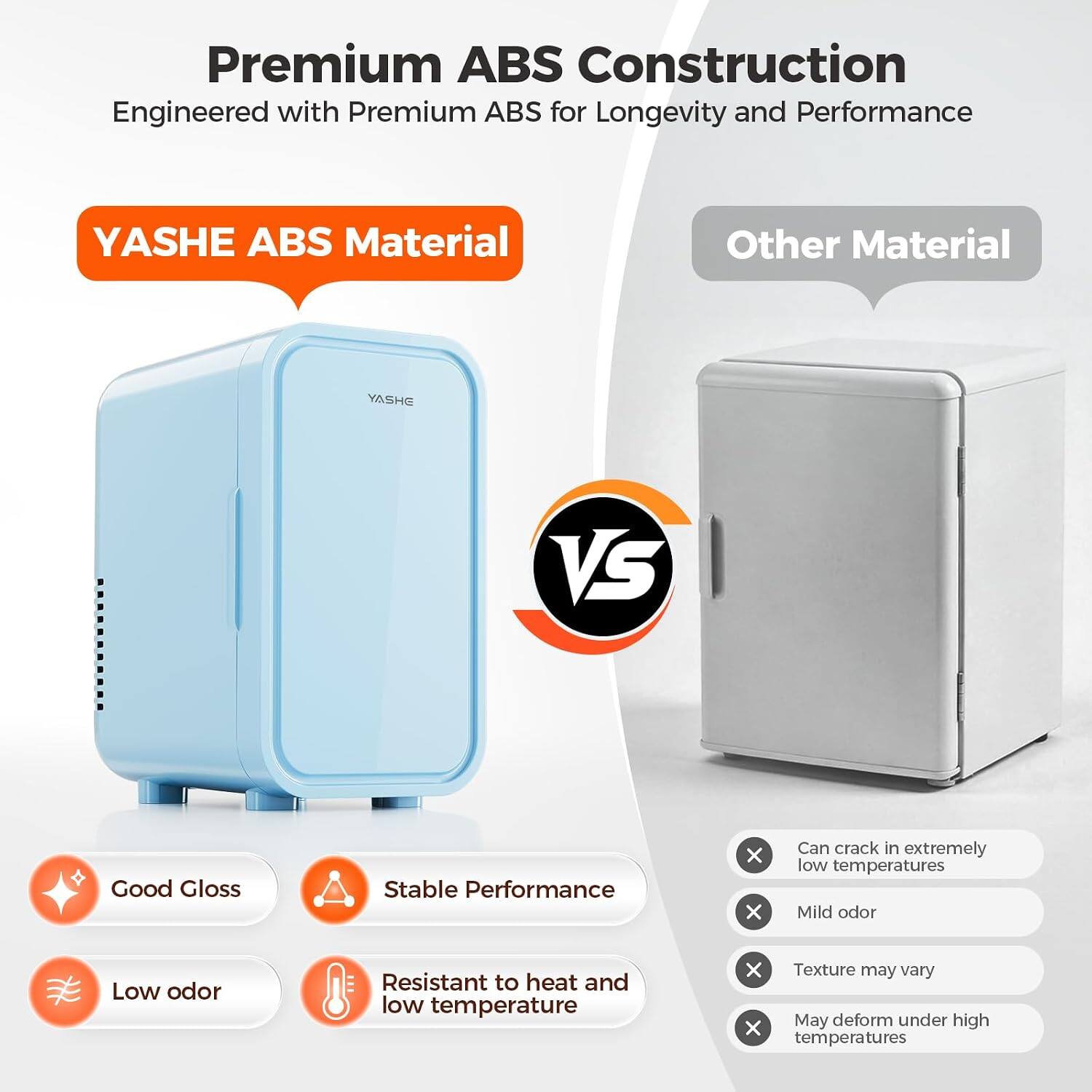 Premium ABS Construction  
Engineered with Premium ABS for Longevity and Performance

YASHE ABS Material  
Other Material

YASHE

VS

Good Gloss  
Stable Performance  
Low odor  
Resistant to heat and low temperature

Can crack in extremely low temperatures  
Mild odor  
Texture may vary  
May deform under high temperatures
