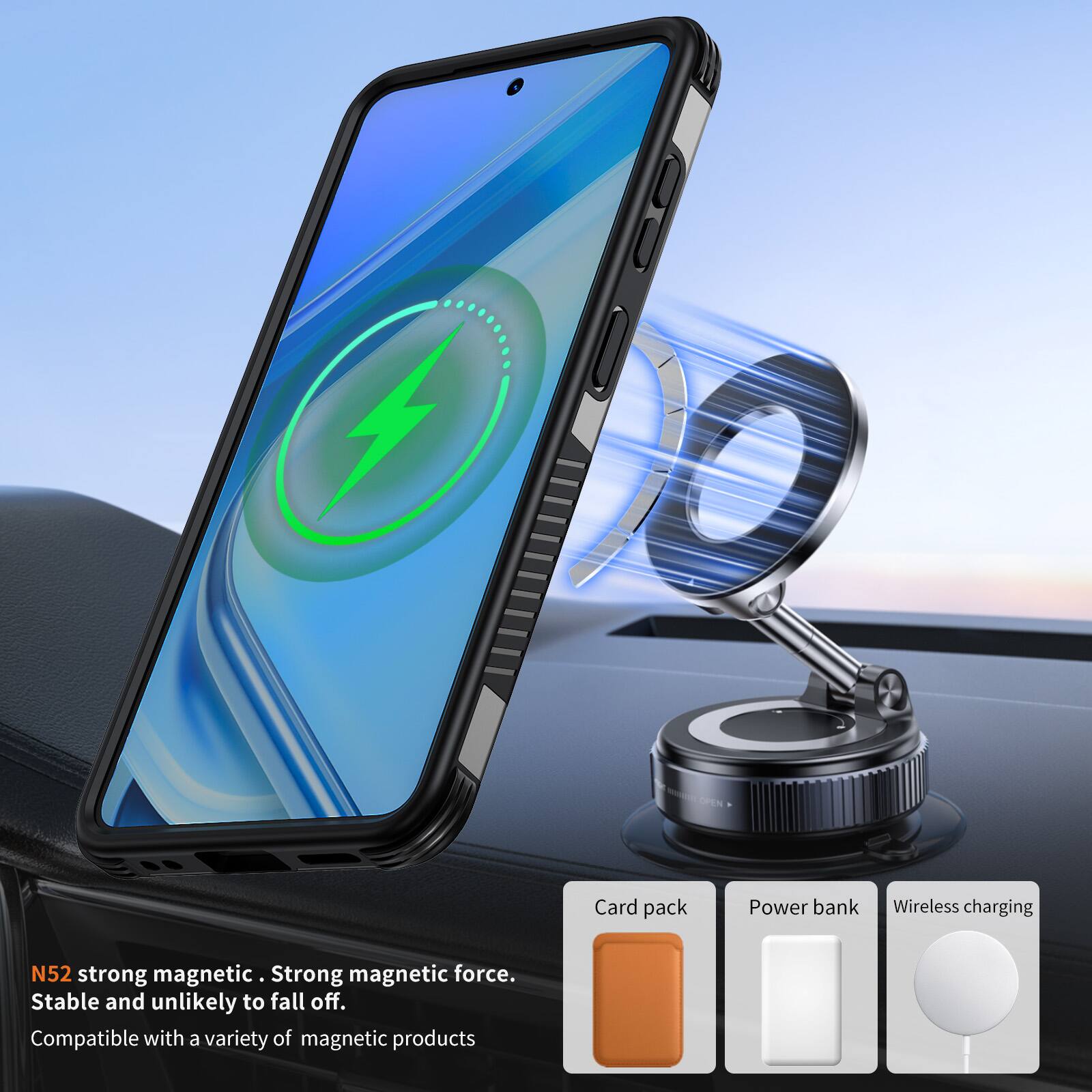 I OPEN  
Card pack  
Power bank  
Wireless charging  
N52 strong magnetic. Strong magnetic force. Stable and unlikely to fall off. Compatible with a variety of magnetic products