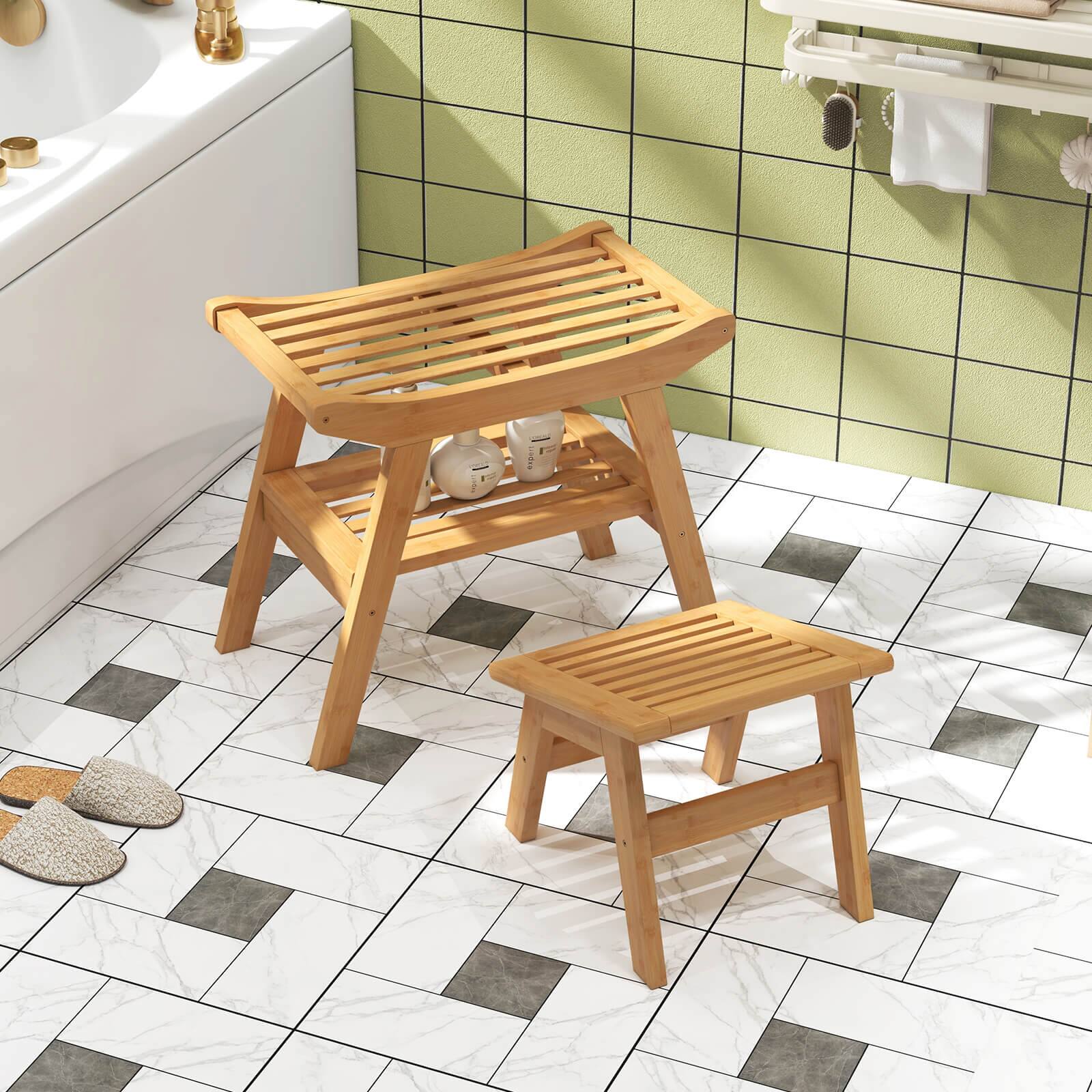 Alt View 2. Costway - Costway 2-Tier Bamboo Shower Bench and Stool with Underneath Storage Shelf Slatted Seat - Natural.
