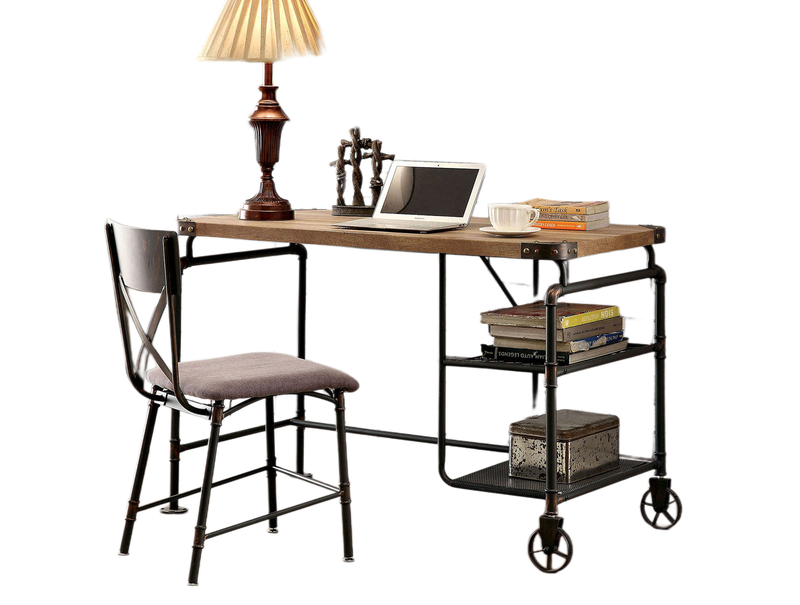 Spaco - Industrial Desk with Vintage Antique Metal, Replicated Wood Top with Casters, Mobile Office Desk - Antique Black