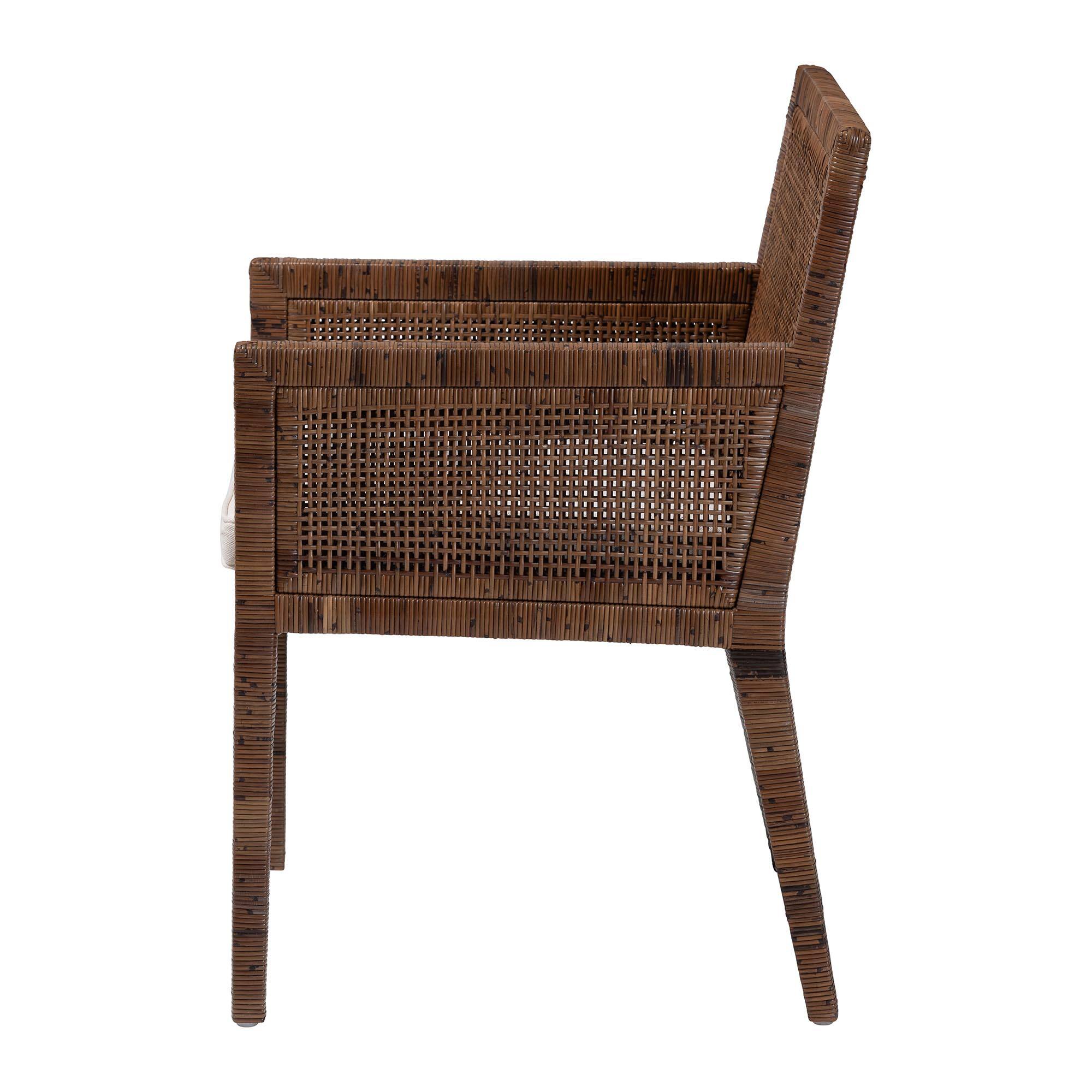 Left. bali & pari - Karis Rattan Dining Chair with Cushion - Handwoven Wicker Armchair with Mahogany Wood Frame, Coastal Indoor Seating - Antique Coffee.