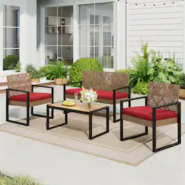 SUMMIT LIVING - 4-Piece All-Weather Rattan Patio Furniture Set, Outdoor Conversation Set with Wood Table - Brown & Red
