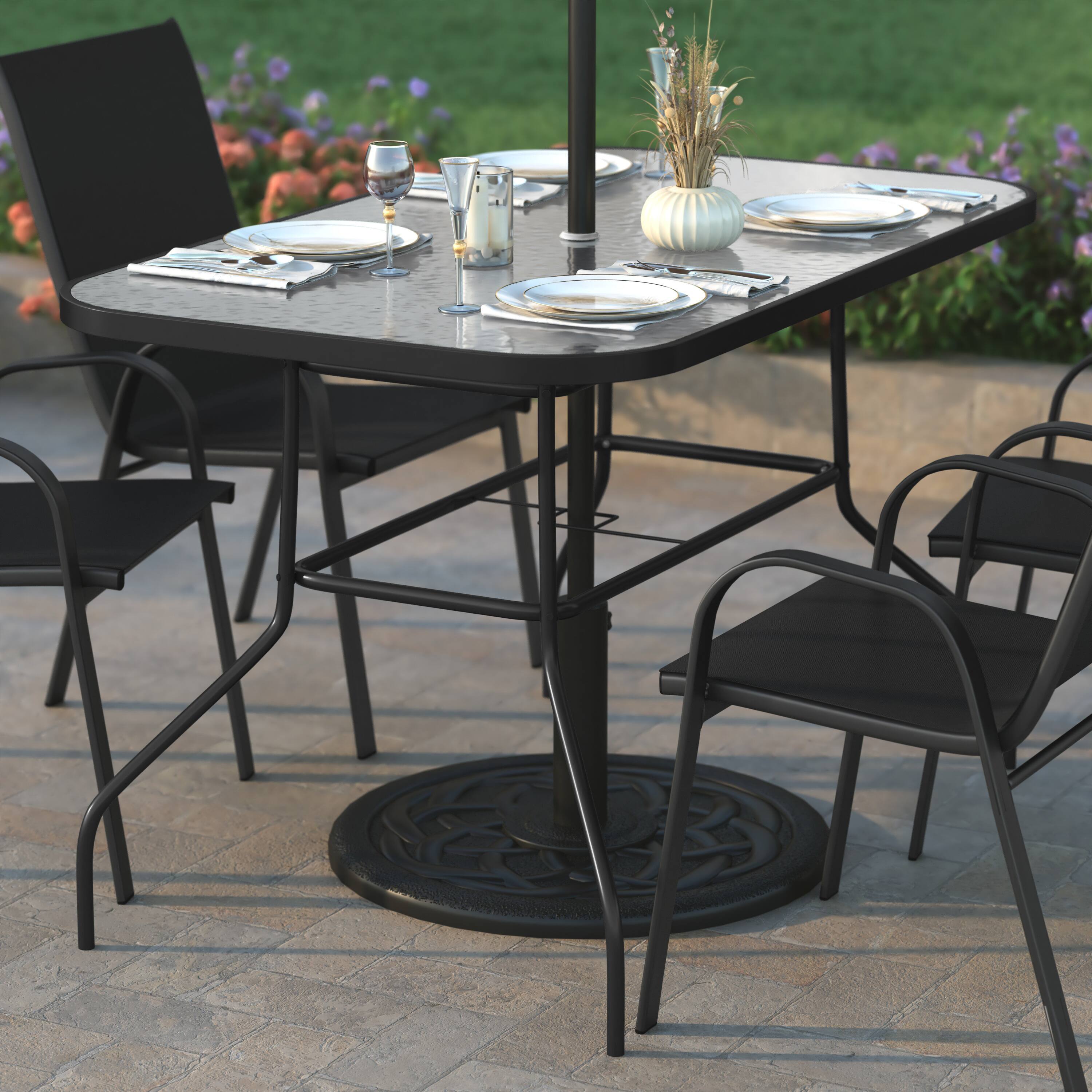 Alt View 1. Emma + Oliver - Tala Patio Table with Tempered Glass Top with Umbrella Hole and Steel Frame - Clear Top/Black Frame.