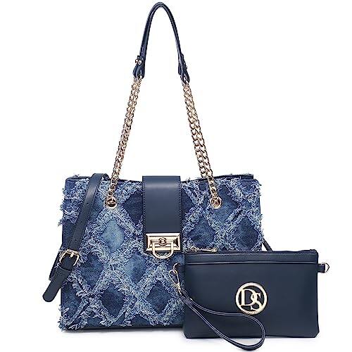 Front. Fabibe - Leather Handbag Tote Hobo Bag For Women Shoulder Purse Top Handle Satchel With Matching Clutch - Denim.
