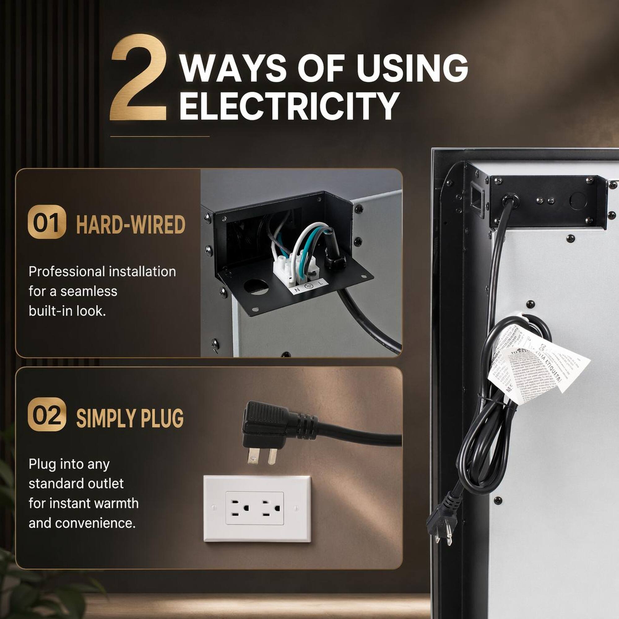 2 WAYS OF USING ELECTRICITY

01 HARD-WIRED
Professional installation for a seamless built-in look.

02 SIMPLY PLUG
Plug into any standard outlet for instant warmth and convenience.
