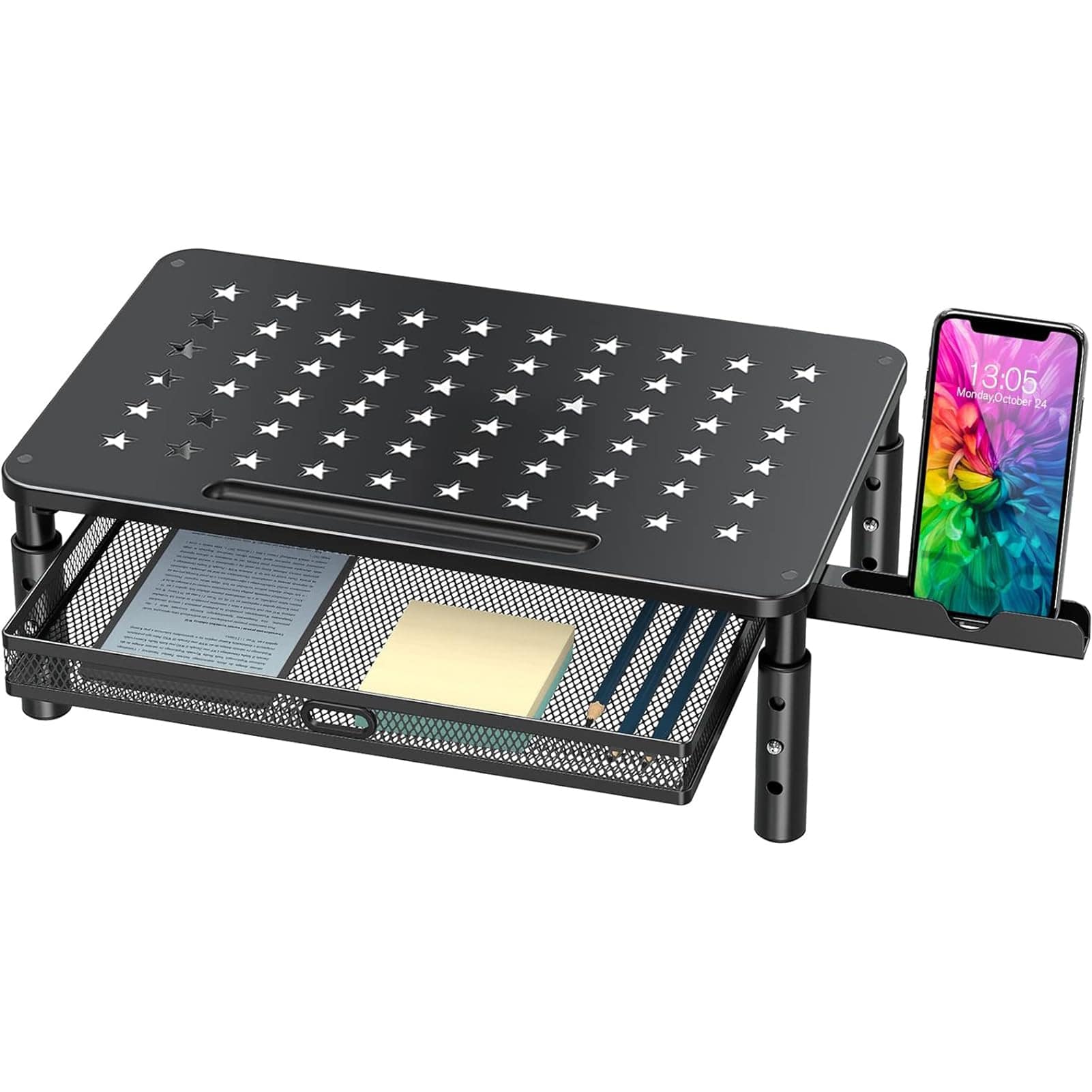 HongFei - Monitor Stand Riser with Metal Mesh Drawer, Height Adjustable with Phone Holder for Computer, Laptop, Printer, Notebook - Black