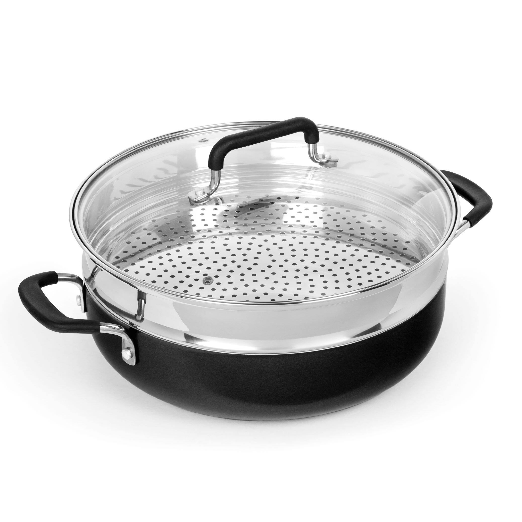 Front. Granitestone - Granitestone Black 3 Piece Nonstick 5.5 Qt Everyday Pan with Lid and Steamer Insert – Speckled Multipurpose Cookware Set - Black.
