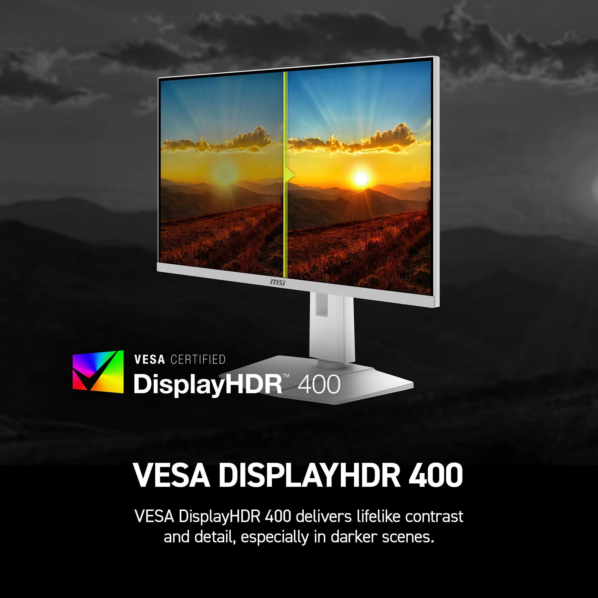 msi VESA CERTIFIED TM DisplayHDR 400 VESA DISPLAYHDR 400 VESA DisplayHDR 400 delivers lifelike contrast and detail, especially in darker scenes.