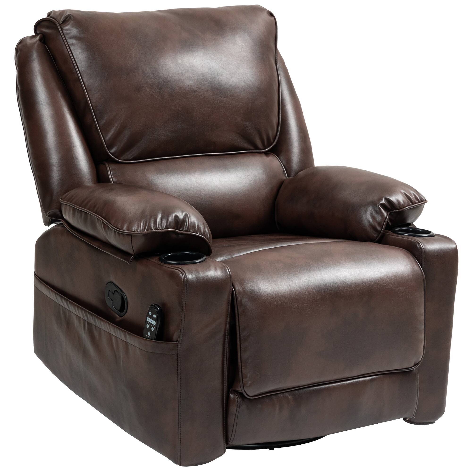 Homcom - Swivel Rocker: PU Manual Recliner w/Massage+Heat, Oversized Sofa w/Footrest & Cup Holders - Brown