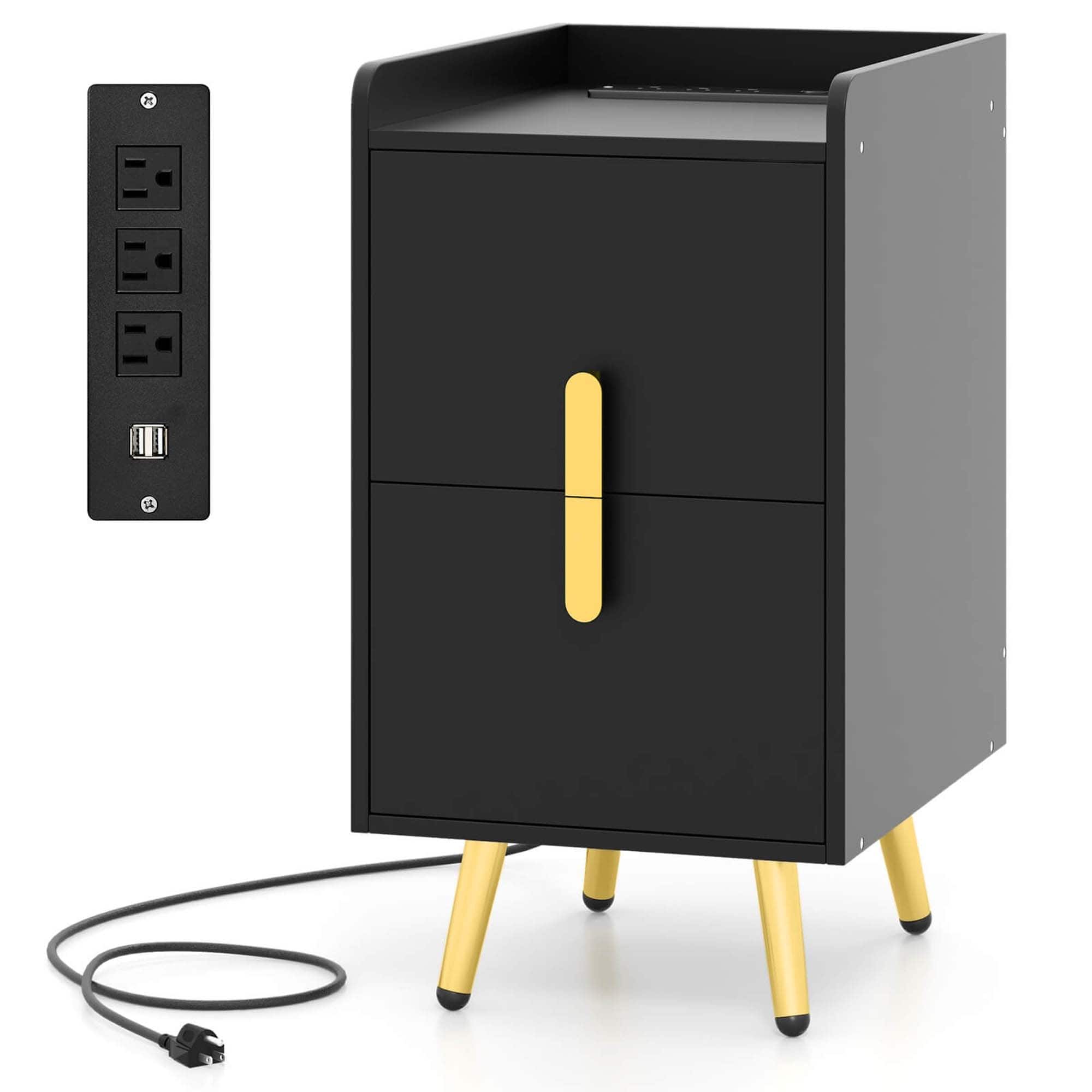 Front. Costway - Nightstand with Charging Station Home Bedside Sofa Side Tables with 2 Drawers Cafe - Black.