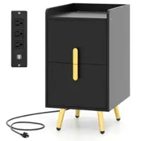 Costway Nightstand with Charging Station Home Bedside Sofa Side Tables with 2 Drawers Cafe - Black - Front_Zoom