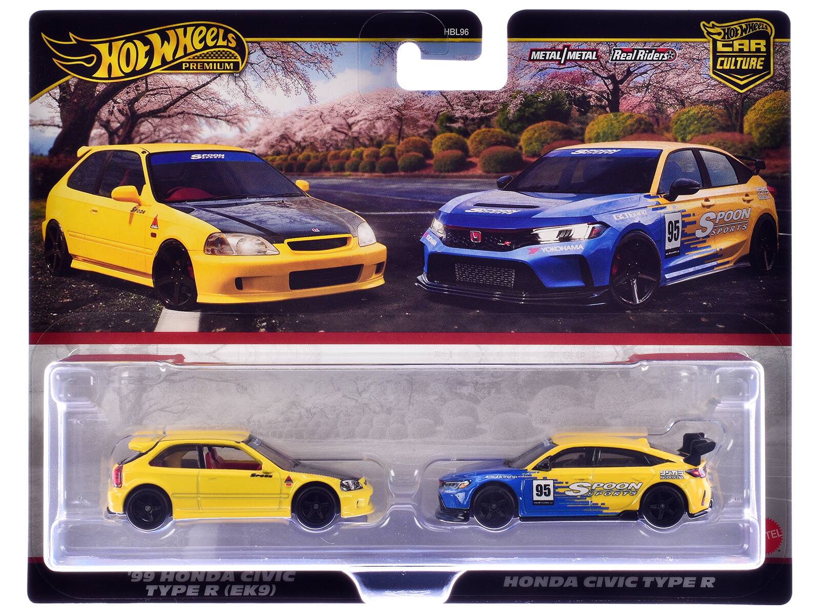 Hot Wheels - 1999 Honda Civic Type R EK9 RHD Yellow Red Interior & Civic Type R #95 Spoon Sports Blue Yellow Car Culture 2 Cars - Yellow, Red, Blue